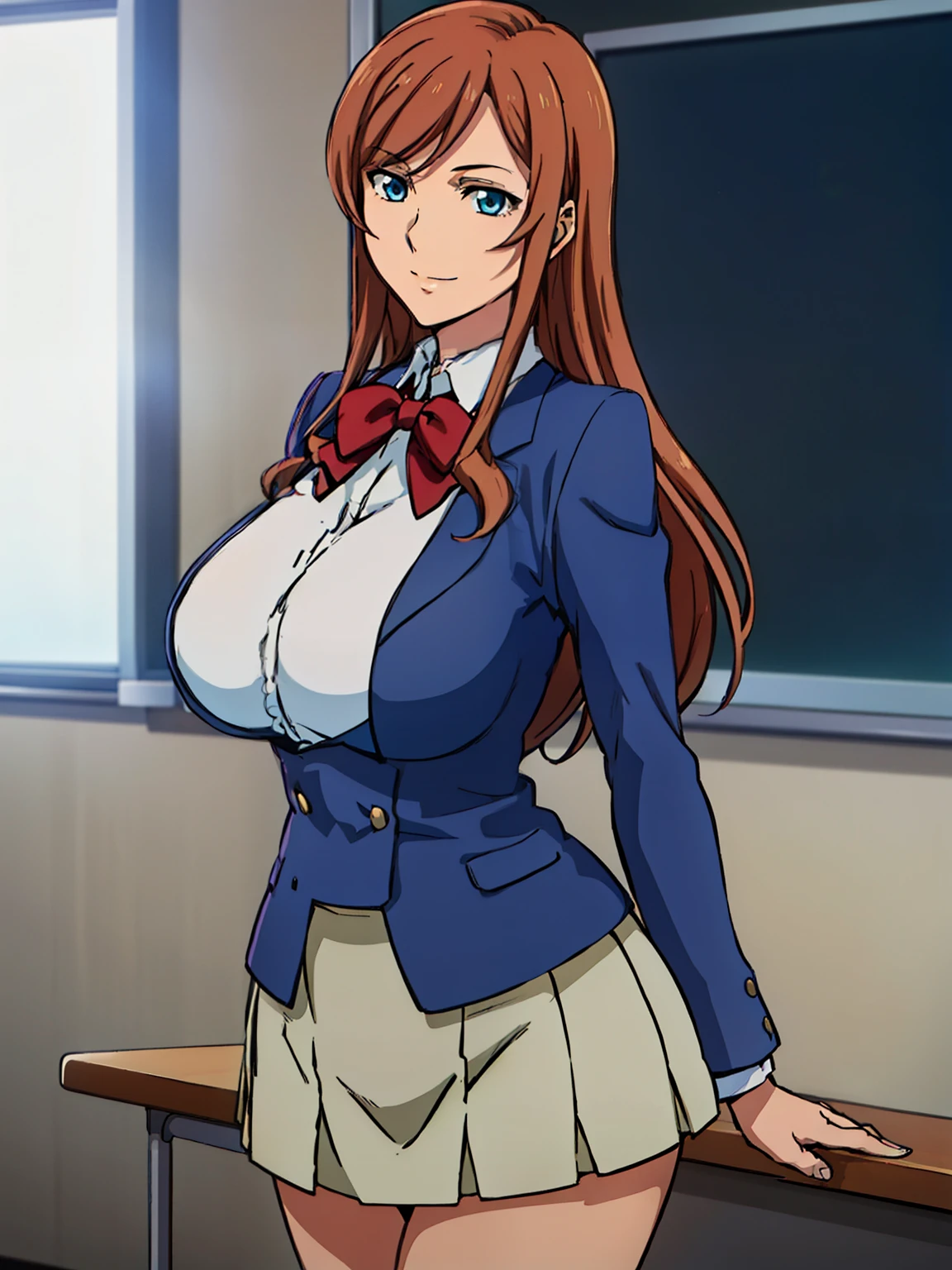 standing, sexy pose, blue jacket, blue suit , red bow tie, (blue pleated skirt), white shirt, (classroom background), Kamiki Mirai, mature woman, anime cels style, best quality, high resolution, (1girl), (huge breasts:1.2), beautiful face, Beautiful Finger, Beautiful long legs, Beautiful body, Beautiful Nose, Beautiful character design, brown hair, Long hair, bangs, blue eyes, looking at viewer, cowboy shot, smiling