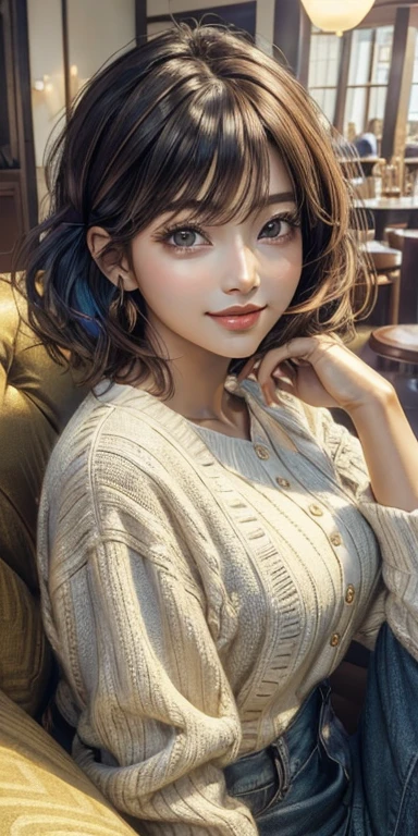 ((highest quality)), ((masterpiece)), (be familiar with), perfect face, masterpiece、highest quality、High resolution、wallpaper、realistic、bright lighting、professional lighting、face light、smooth lighting、Realistic Japanese women、20th generation mid-plate、super beautiful、beautiful skin、beautiful and detailed eyes、be familiar with顔、slim、moderately、short hair、brunette colored hair、brown eyes、look at the camera、Cafe sofa、 commercial photo, beautiful Instagram influencer girl, best smile,daytime