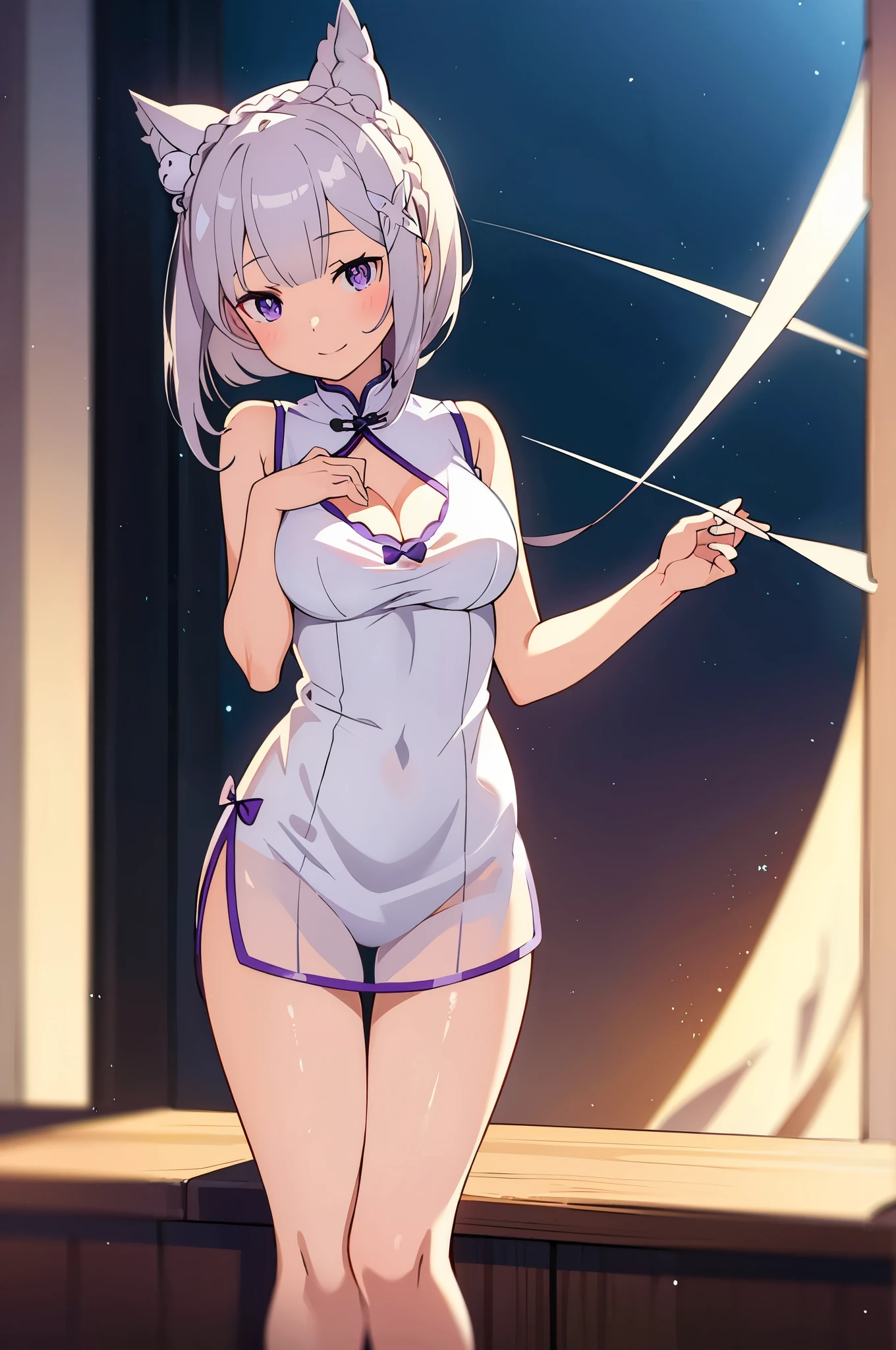 Masterpiece, Top Quality Anime Illustration, Super Detail, One Girl, Solo, Beautiful Girl with Silver Hair, Emilia re:zero, purple eyes, Emilia, crown braid, x hair ornament, flower hair ornament, white hair, long hair, medium breasts, Anime, Cat Ear , See-through Cheongsam in Light Color Night Color, Short Cheongsam, Sleeveless, Smile, Bare Skin Side Breast, Thigh Focus, Cleavage Enhancement, Hot Spring