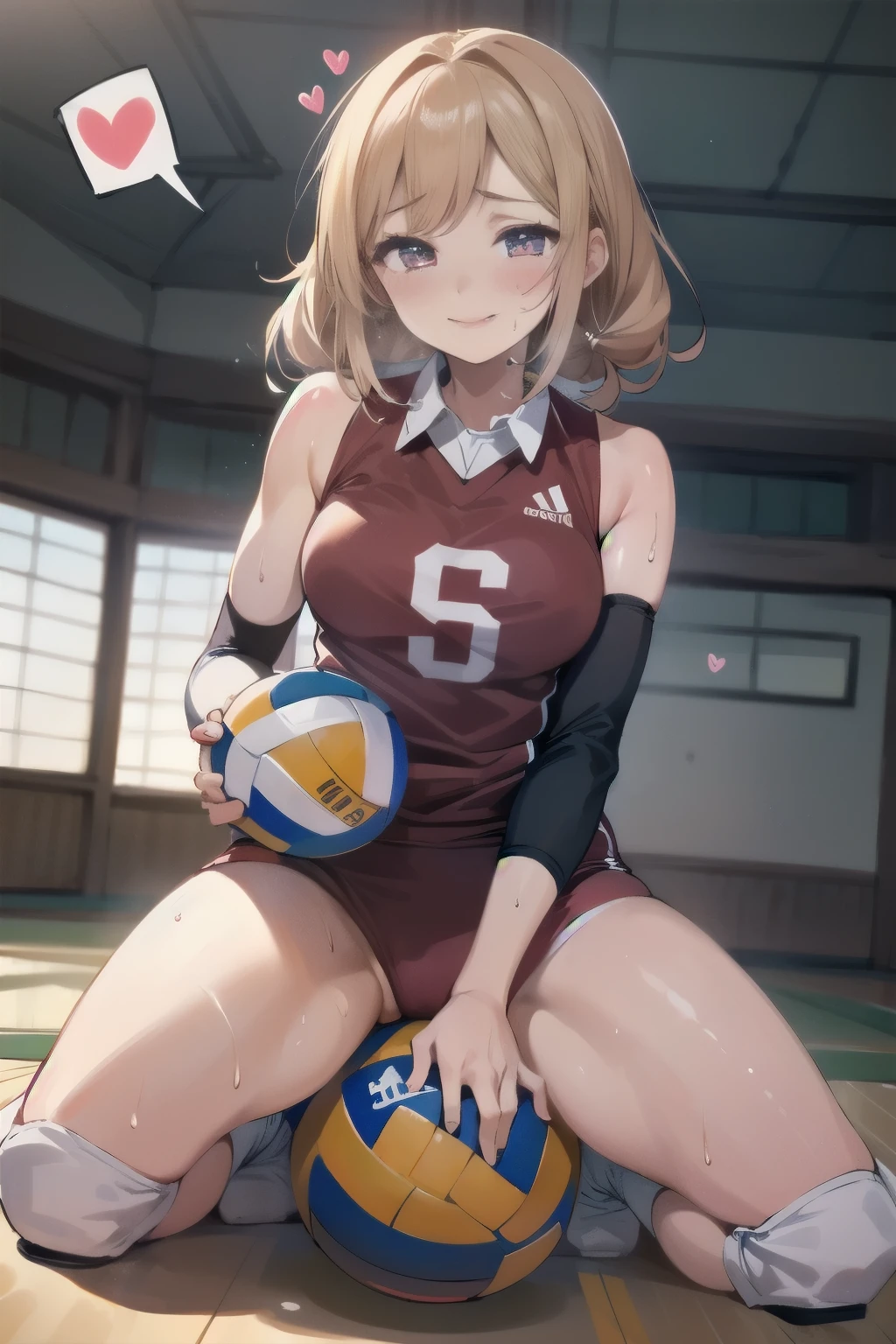 unity 8k wallpaper, anatomically correct, (((masterpiece))), (((best quality))), (((ultra detailed))), (((high-resolution))), ((Ultimate cutie)), perfect hands, perfect finger, (((good anatomy))), detailed beautiful face, shiny hair, (((gyaru))), (potbelly), (curvy), medium breasts, ((Thick thighs)), (((solo))), ((seductive smile)), (((blush))), (Eyes are heart marks), (heart shaped pupils), ((trembling)),
BREAK, (((sit astride the perfectly spherical shape 6-inch volleyball))), (((Straddling a perfectly spherical 6" volleyball))), (((Perfectly spherical 6" volleyball fits perfectly crotch))), BREAK, (((Rub the Perfectly spherical 6" volleyball against crotch))), (masturbation),
BREAK, adidas, (Collared volleyball uniforms), sleeveless, ((buruma)), ((kneepad)), ((pussy juice stained)), (elbow pad), (((sweat))), (((covered in sweat))), ((deep breathing)), in Volleyball Court, indoor, lighting, looking at viewer, full body, (spoken heart)