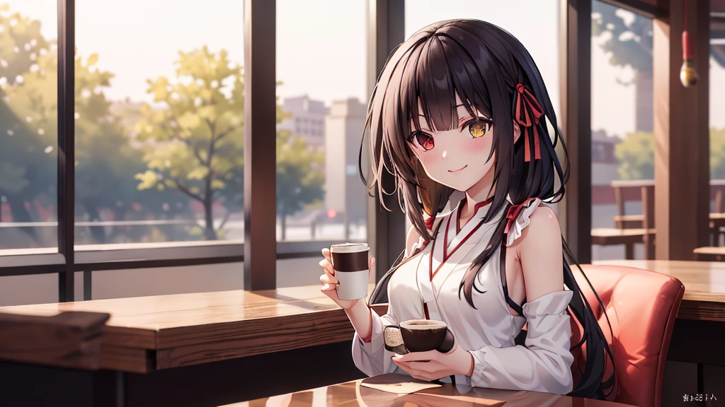 (original photo, best quality), 1 girl, Tokisaki Kurumi, natural lighting, Upper body, cafes, Smile, Satosh Khan Art Style
