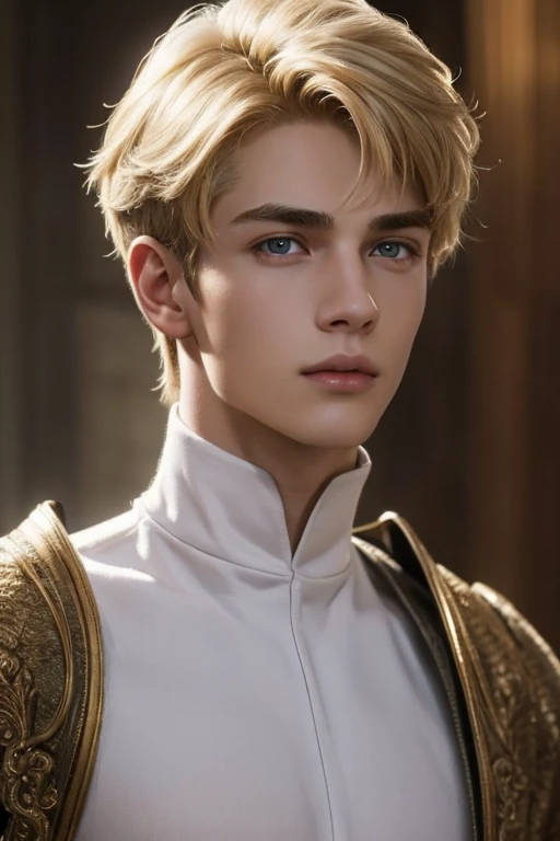Photorealistic, ((best quality)), ((masterpiece)), (detailed), masculine portrait of a young dark medieval prince, 18-year-old male models, professional lighting, handsome 1boy , (thin lips:1.3), masterpiece, pale skin,(strong jaw:1), Portrait of a 18 year old young man, medieval clothing holder, medieval European prince clothing, white skin, extremely pale skin, blonde boy, european boy, blonde hair, nordic young boy, nordic blonde, handsome supermodel, Greek profile, young greek god, sublime beauty, delicate facial features, beautiful facial features, Greek face, strong jaw, attractive boy, , cinematographic, best quality, sharpness, focus on the boy, anatomical perfection, golden ratio, commercial, perfect symmetry, facial symmetry, body symmetry, cinematographic light, ultra detailed, hyper realistic, strong jaw, beautiful eyes, cinematographic portrait, cinematographic quality, short hair