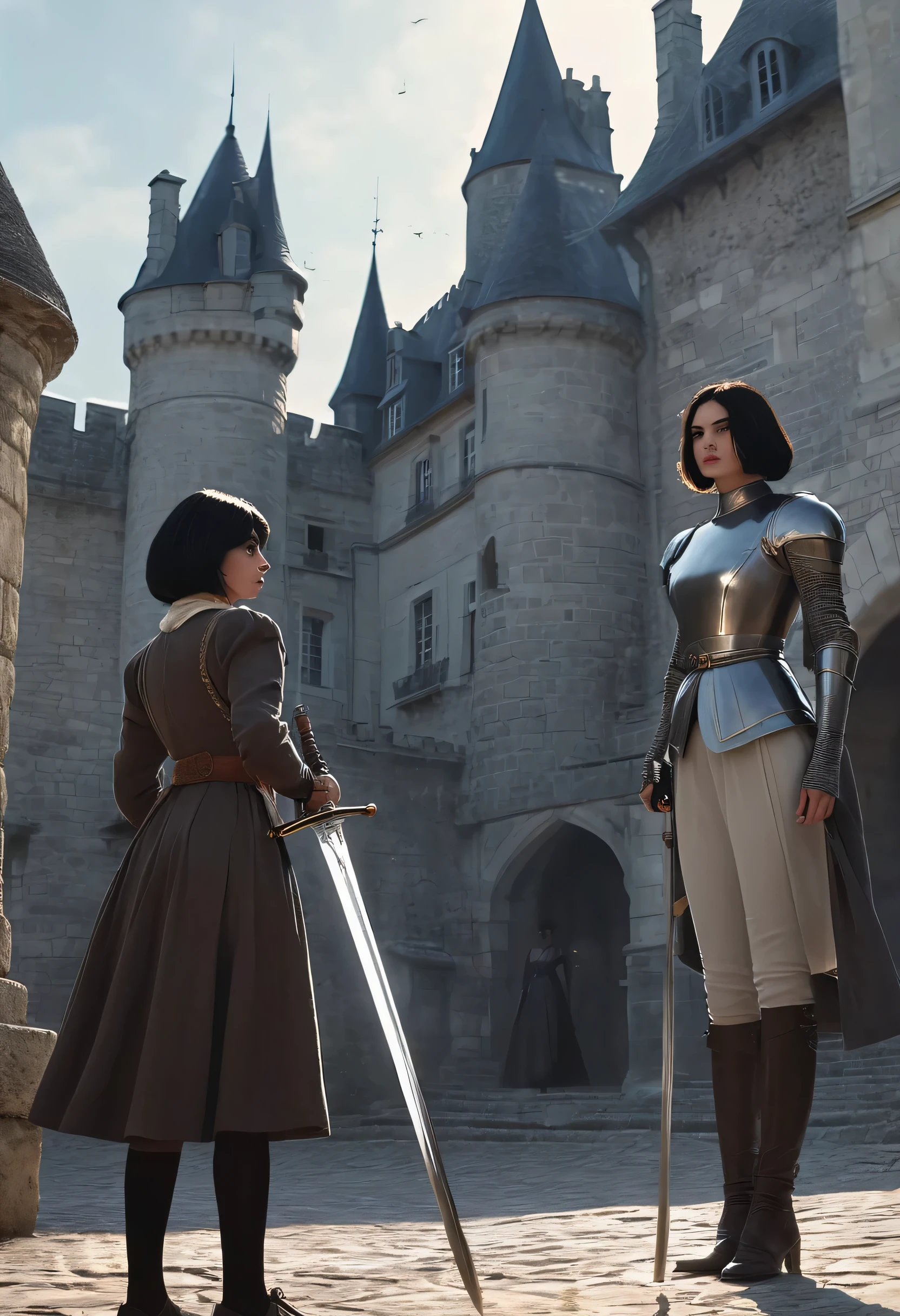 Sword fight, Poor pisant white girl killing an evil lady, girl have french bob black hair, brown eyes, poor grey clothing, old sword. Evil lady is a monster, we see both of them in the distance, she is standing in front of the evil lady body, Castle ambience, realism, digital art style, high definition, accurate to description,