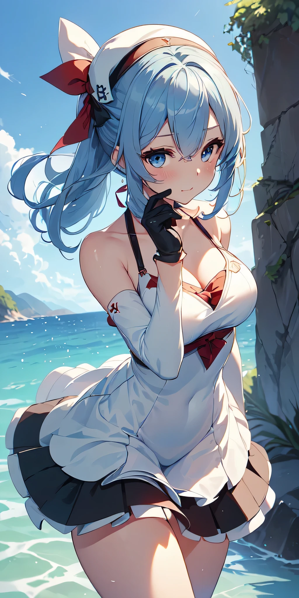 All the intricate details: "(a girl from the video game: (Genshin Impact,
character Furina) with a dress and a long skirt standing next to a kind of stone wall with stars, 1 girl view, long hair, (furina), alone, gloves, smile, red eyes, fingerless gloves, black gloves, look to the viewer, hair decoration, bare shoulders, bangs, water, closed mouth, hair between eyes, blue eyes, blue hair, white hair, highlighted hair, gloves, hat, white gloves, blue hats, ahoge, black gloves, long sleeves, ascot, jewelry, brooch, black hats, ruffles, random pose, random angle)"