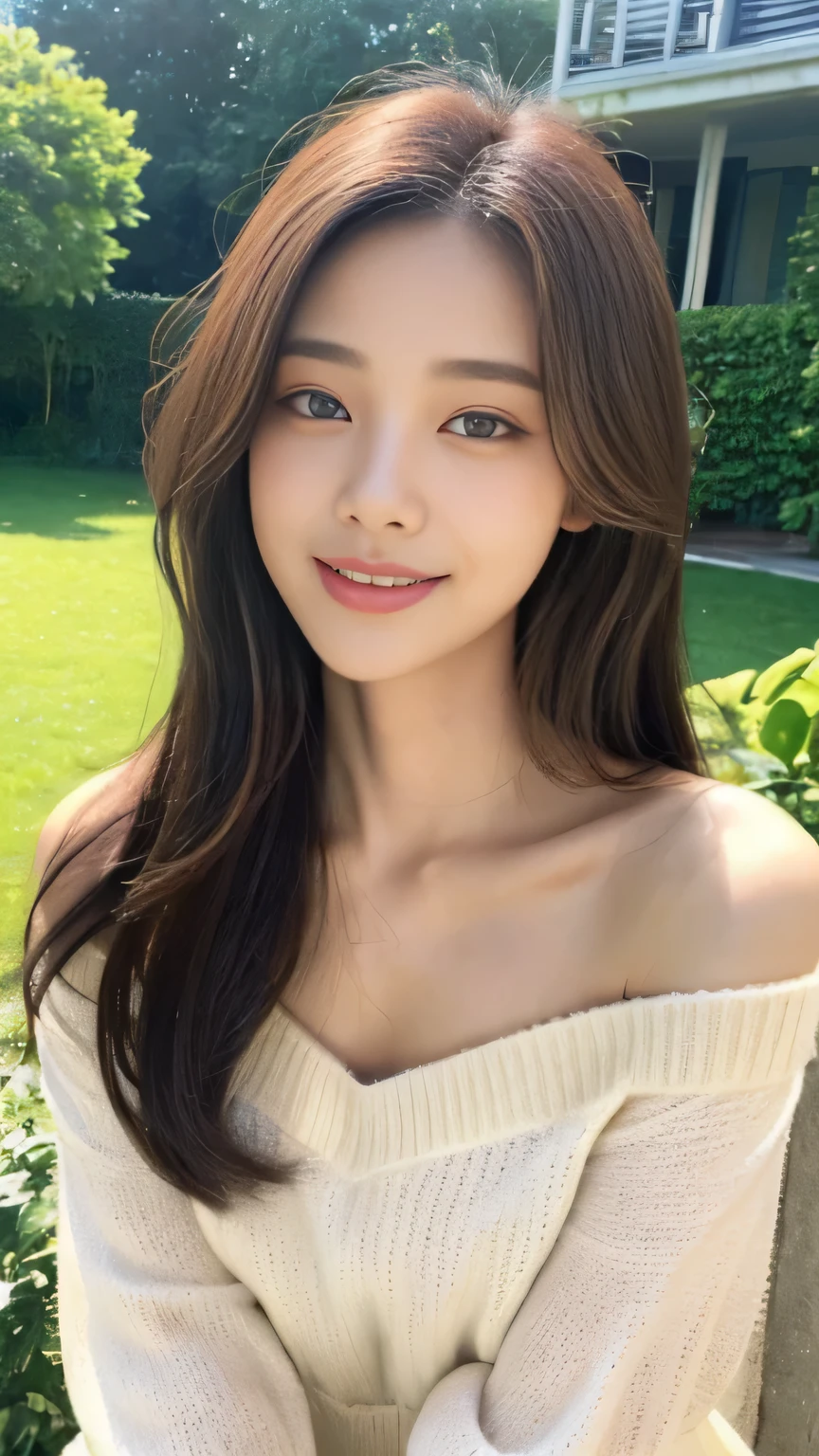 ((highest quality, 8K, masterpiece:1.3)), concentrated:1.2, perfect body beauty:1.4, buttocks:1.2, ((delicate hair)), (Brightly colored V-neck drop-shoulder sweater dress、 :1.1) , ((highest quality、8K、masterpiece:1.3))、1 girl、A sloppy smile、Full body Esbian、slim face、big 、Beautiful woman、(dark brown hair)、flickering valley、detailed eyes、double eyelid、blurred background、超slim face、look down、garden、