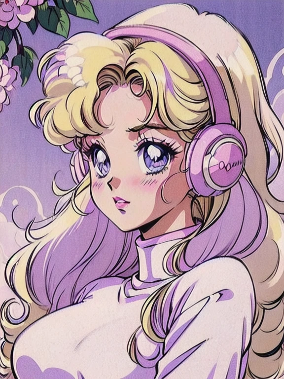 (Blonde Barbie:1.2),(vintage 90's:1.1),(romance anime style:1.3), wavy hair, lilac turtleneck, white headphones