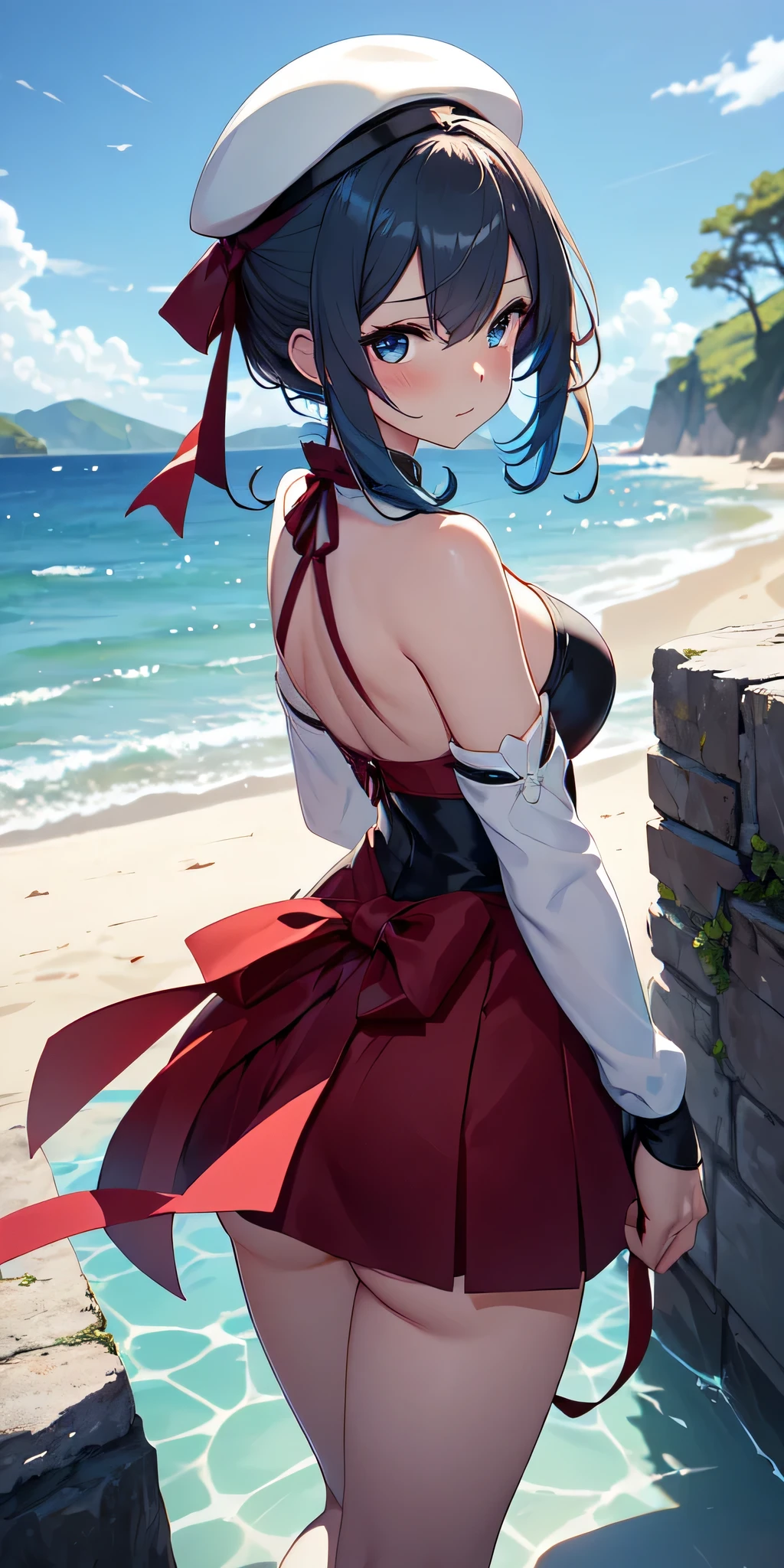 All the intricate details: "(a girl from the video game: (Genshin Impact,
character Furina) with a dress and a long skirt standing next to a kind of stone wall with stars, 1 girl view, long hair, (furina), alone, gloves, smile, red eyes, fingerless gloves, black gloves, look to the viewer, hair decoration, bare shoulders, bangs, water, closed mouth, hair between eyes, blue eyes, blue hair, white hair, highlighted hair, gloves, hat, white gloves, blue hats, ahoge, black gloves, long sleeves, ascot, jewelry, brooch, black hats, ruffles, random pose, low angle, see tanga, ass shot)"