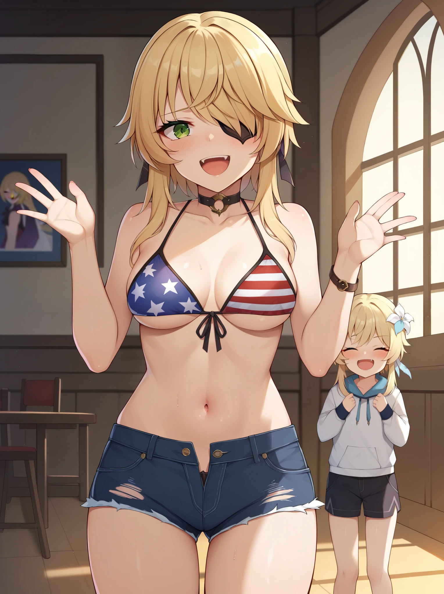 Score_9, score_8_up, score_7_up, source_anime, lumine, genshin impact, shexyo, fischl, fischl and lumine, 2girls, duo, indoors, castle, American flag ??????, clothed, leather shorts, standing, front view,  laughing, flag ??????, American flag, looking at viewer, mocking, humiliation, holding laugh, giggling, ntr, ???????, ????, cucking, ????????