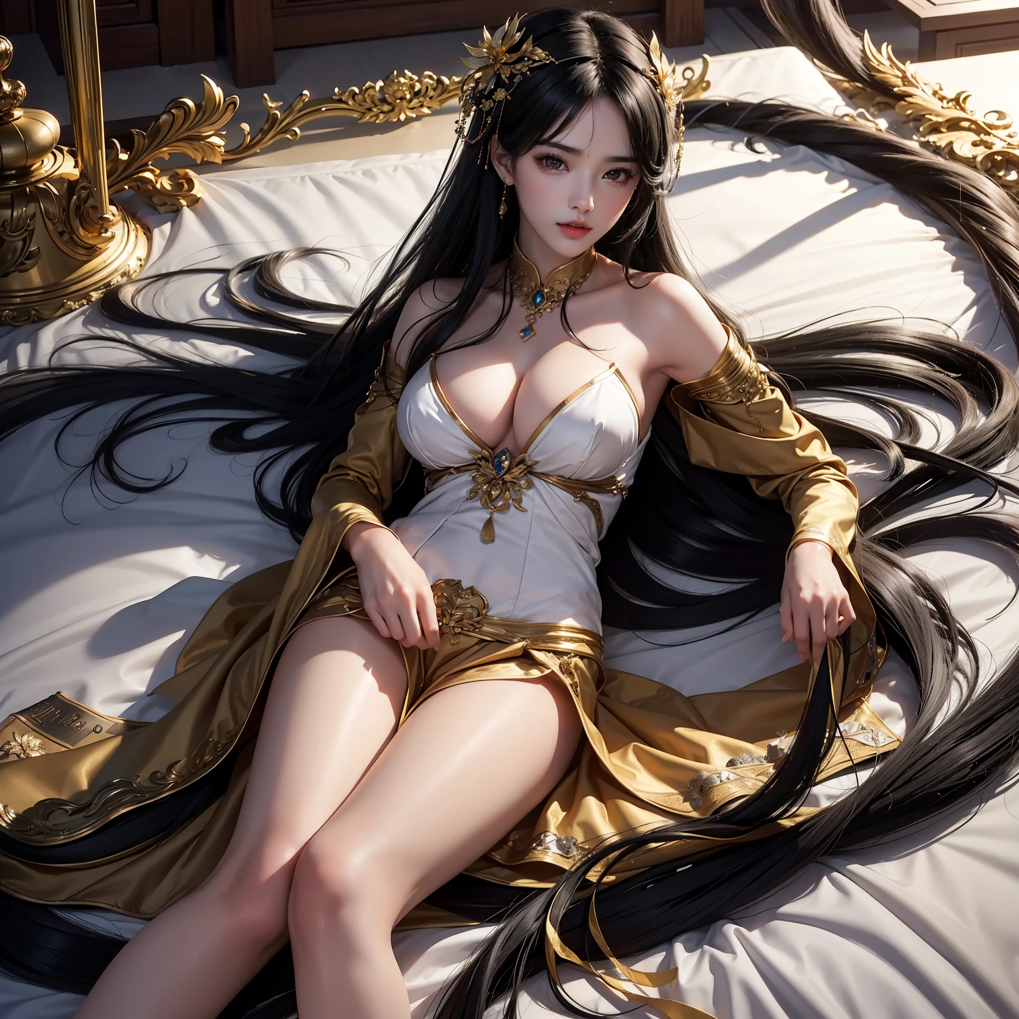(best image quality、highest quality、highest resolution、super realistic photos、full body photo、masterpiece、)One Young Beauty。She was lying on the bed with five metres of black hair wrapped around her body.。.。longest black hair in the world。naked。The bed is her long, beautiful black hair.。Her body is hidden by her long black hair..。