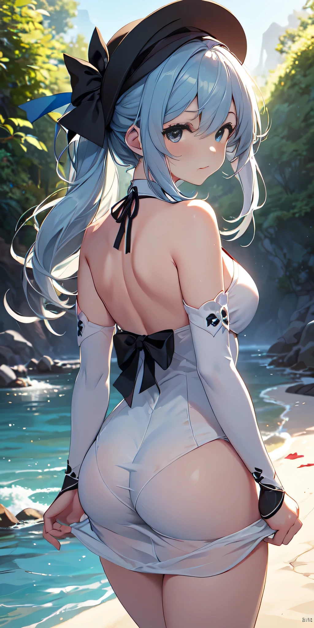 All the intricate details: "(a girl from the video game: (Genshin Impact,
character Furina) with a dress and a long skirt standing next to a kind of stone wall with stars, 1 girl view, long hair, (furina), alone, gloves, smile, red eyes, fingerless gloves, black gloves, look to the viewer, hair decoration, bare shoulders, bangs, water, closed mouth, hair between eyes, blue eyes, blue hair, white hair, highlighted hair, gloves, hat, white gloves, blue hats, ahoge, black gloves, long sleeves, ascot, jewelry, brooch, black hats, ruffles, random pose, low angle, see tanga, ass shot)"