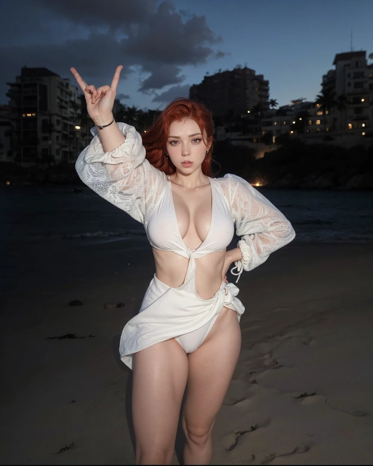 Ruiva tirando foto na praia, cabelos longos redoranjados, seios grandes, tetas enormes, coxas torneadas, corpo malhado de academia, full hd, 4k 