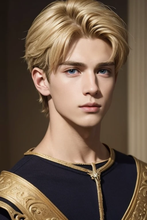 Photorealistic, ((best quality)), ((masterpiece)), (detailed), masculine portrait of a young dark medieval prince, 18-year-old male models, professional lighting, dramatic light, handsome 1boy , (thin lips:1.3), masterpiece, pale skin,(strong jaw:1), Portrait of a 18 year old young man, medieval clothing holder, medieval European prince clothing, white skin, extremely pale skin, blonde boy, european boy, blonde hair, nordic young boy, nordic blonde, handsome supermodel, Greek profile, young greek god, sublime beauty, delicate facial features, beautiful facial features, Greek face, strong jaw, attractive boy, , cinematographic, best quality, sharpness, focus on the boy, anatomical perfection, golden ratio, commercial, perfect symmetry, facial symmetry, body symmetry, cinematographic light, ultra detailed, hyper realistic, strong jaw, beautiful eyes, cinematographic portrait, cinematographic quality, short hair