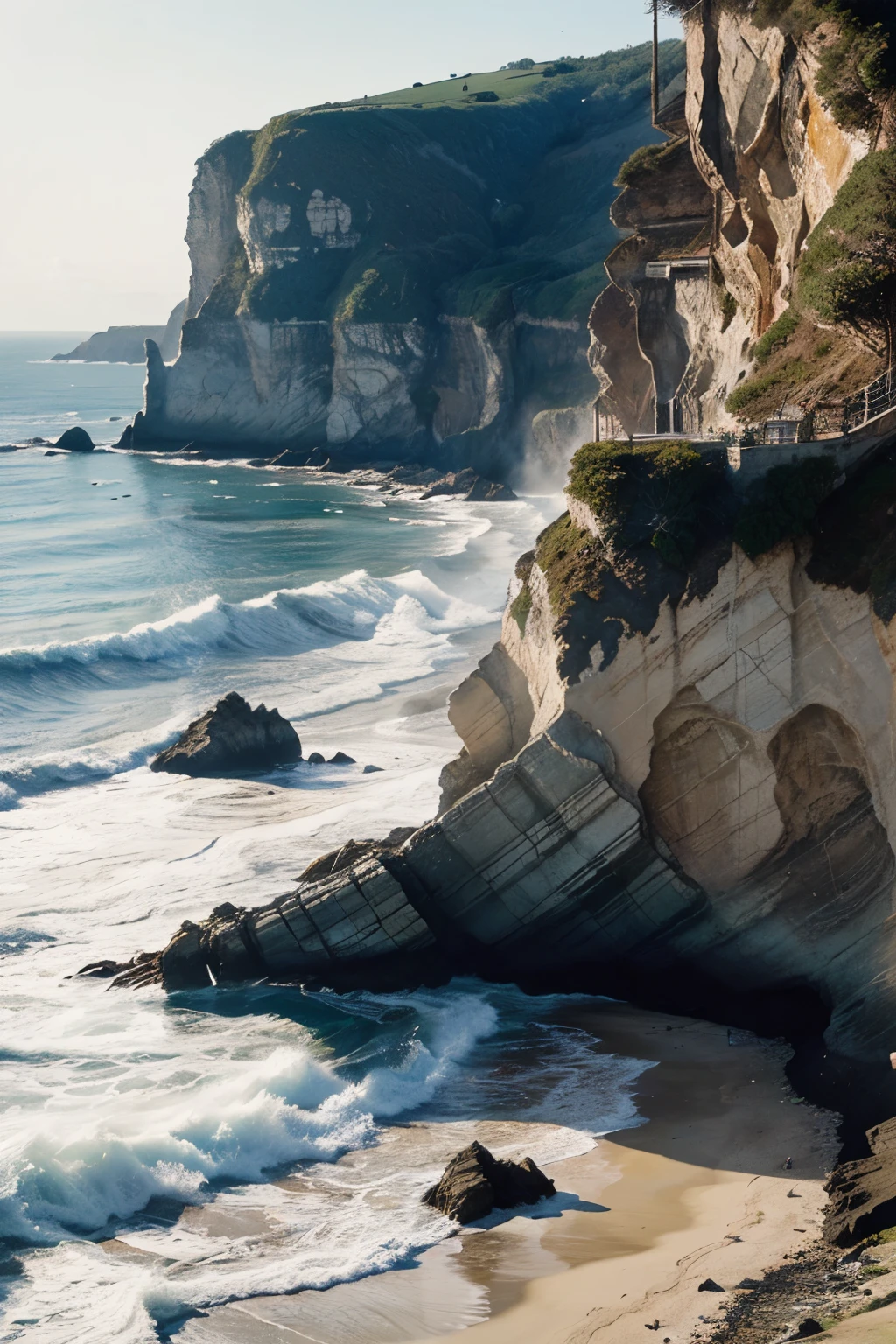 An expressive watercolor depiction of a coastal cliffside, with dramatic shadows, crashing waves, and a sense of adventure.