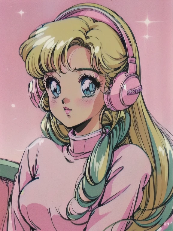 (Blonde Barbie:1.2),(vintage 90's:1.1),(romance anime style:1.3), retro atmosphere, a blonde girl, wavy hair, white headphones, turtleneck, The scene is filled with a soft, dreamy glow, as if straight out of an anime. (Best quality: 1.2), ultra-fine details, sharp focus, the girl's expression filled