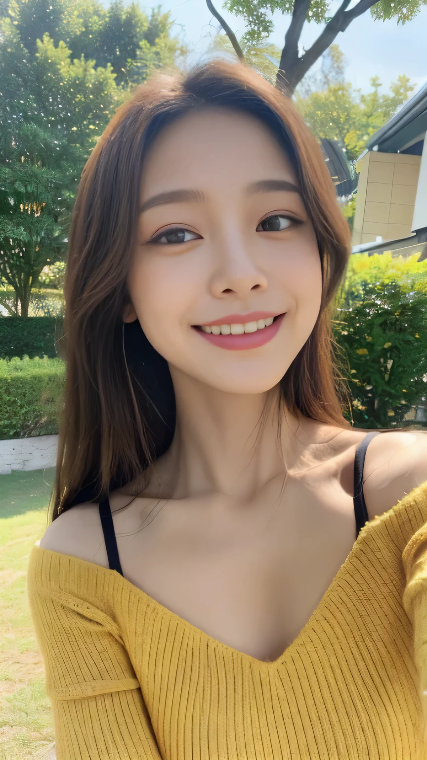 ((highest quality, 8K, masterpiece:1.3)), concentrated:1.2, perfect body beauty:1.4, buttocks:1.2, ((delicate hair)), (Brightly colored V-neck drop-shoulder sweater dress、 :1.1) , ((highest quality、8K、masterpiece:1.3))、1 girl、A sloppy smile、Full body Esbian、slim face、big 、Beautiful woman、(dark brown hair)、flickering valley、detailed eyes、double eyelid、blurred background、超slim face、look down、garden、