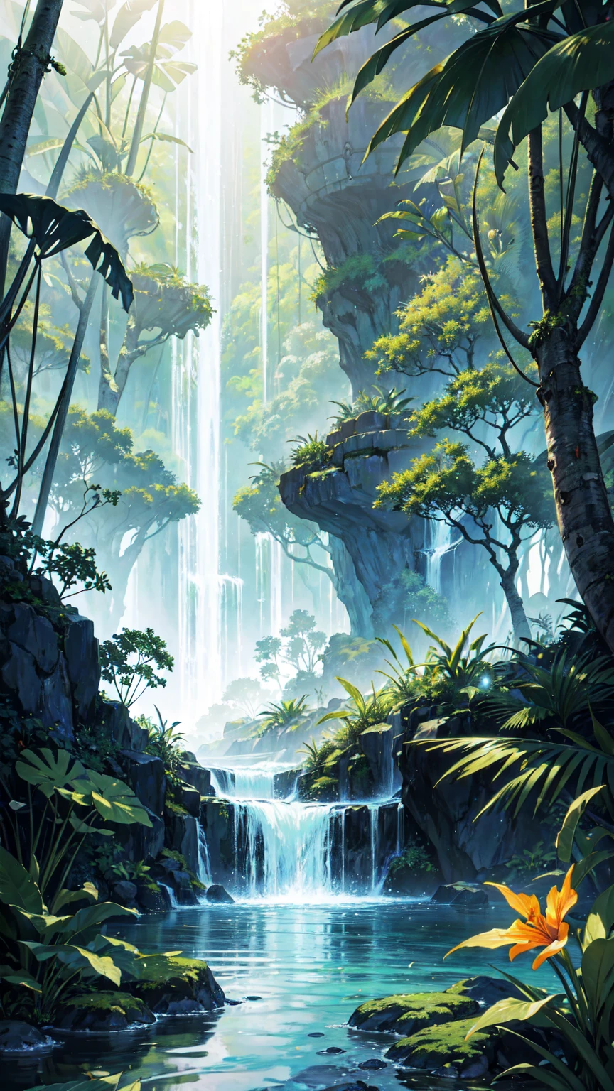 masterpiece, best quality, ultra high res, ultra-detailed, beautiful, tropical rainforest, vibrant flowers, serene landscape