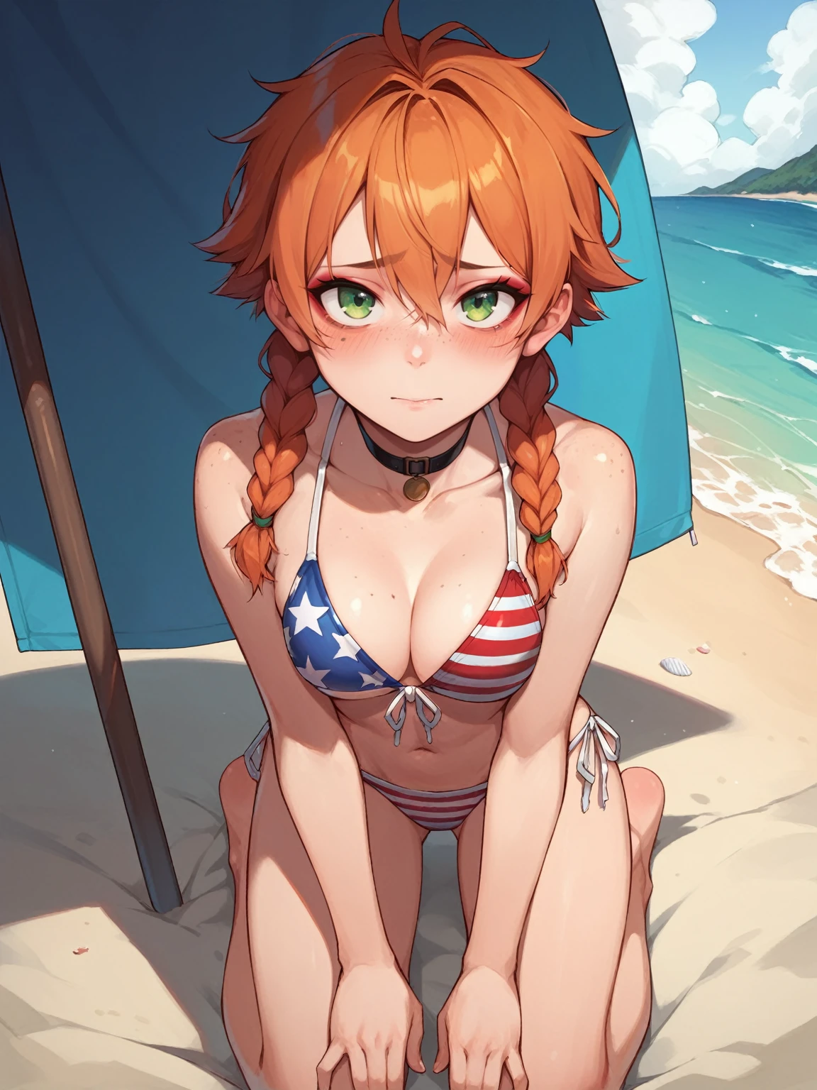 score_9, score_8_up, score_7_up, ginger hair, pigtails, braided pigtails, freckles, pale  green eyes, red eyeshadow, 1girl, solo, outdoors, beach, flag ??????, american flag ??????, American flag, tomboy, shy, blush, kneeling, choker
