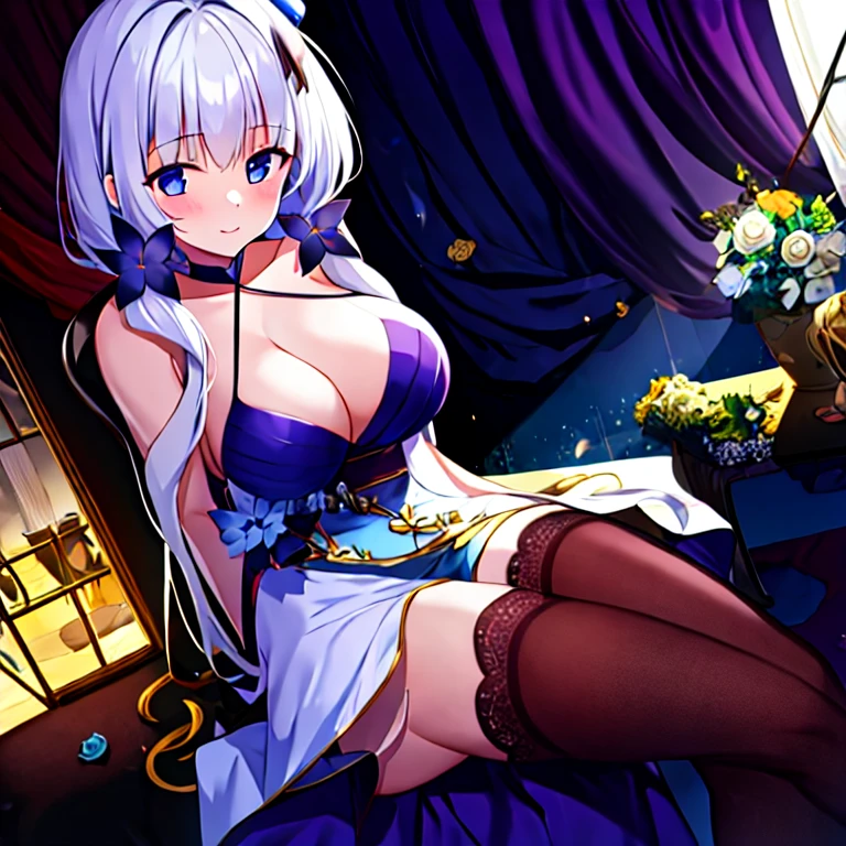 (masterpiece, best quality:1.2), 1girl, solo, white hair, black gloves, black stockings, indoors,