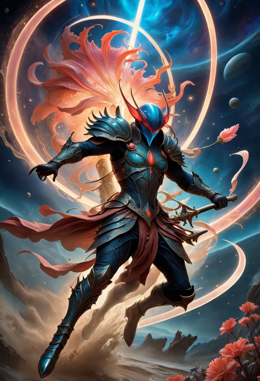 best quality,4k,8k,highres,masterpiece:1.2,ultra-detailed,realistic:1.37,HDR,UHD,studio lighting,ultra-fine painting,sharp focus,physically-based rendering,extreme detail description,professional,art nouveau,tarot card style, dynamic angle, action shot,(dynamic pose), raging facial expression, amano yoshitaka, alien male,(creatures from outer space), cyborg style,((An male warrior is crossing an extraplanar alien battlefield while swinging a two-handed greatsword:1.37)), (Enraged, he swings his greatsword cutting a shadow beast in half:1),fractalized, android,(wearing a cyborg exoskeleton),alien flora,(spectacular alien background with bioluminescent flora),vivid colors,earthen and pale red hues,drawn in the style of Yoshitaka Amano,trending on cgsociety,landscape,horror,(sci-fi),concept artists,bright and vibrant colors,dreamy lighting