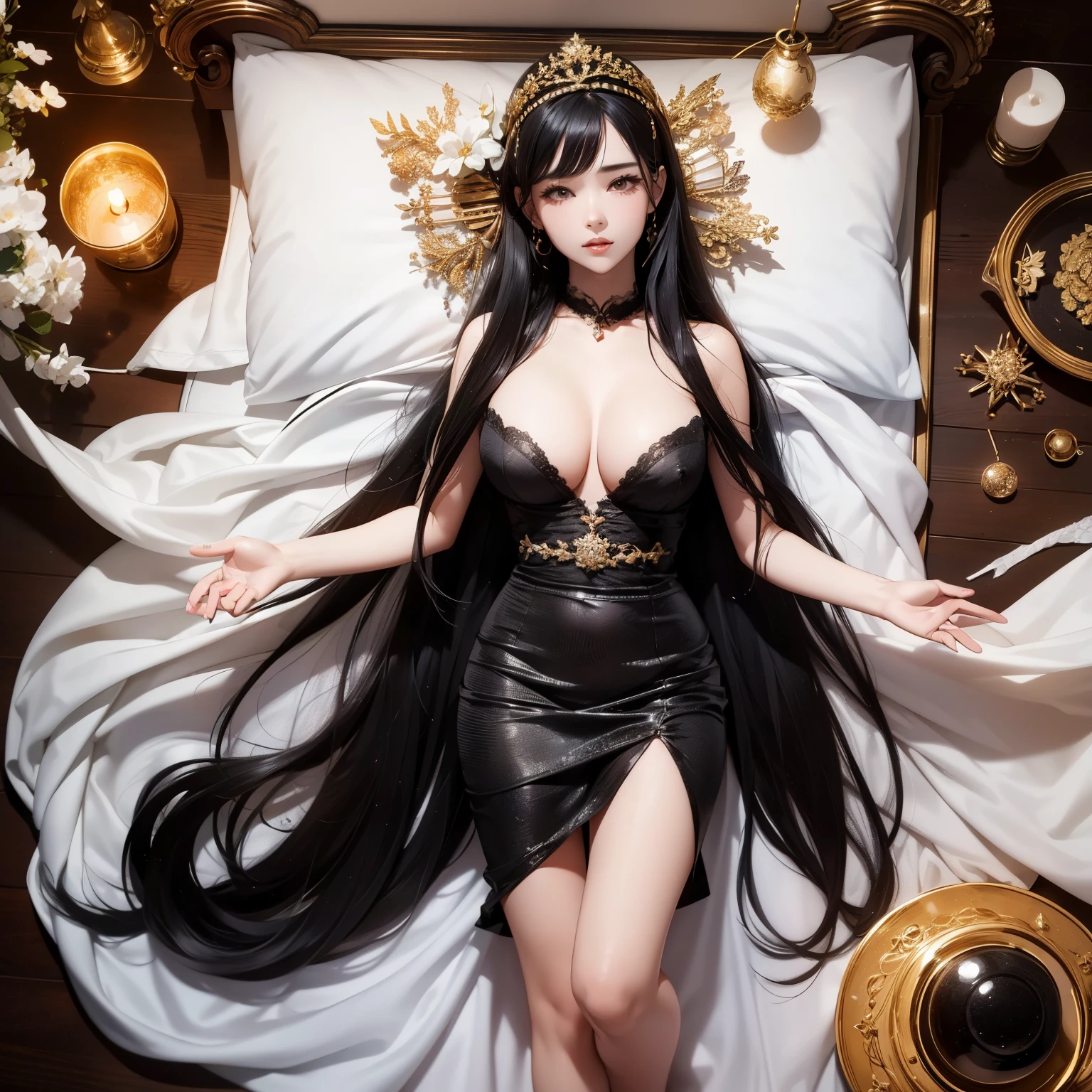(best image quality、highest quality、highest resolution、super realistic photos、full body photo、masterpiece、)One Young Beauty。She was lying on the bed with five metres of black hair wrapped around her body.。.。longest black hair in the world。naked。The bed is her long, beautiful black hair.。Her body is hidden by her long black hair..。