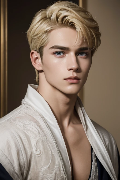 Photorealistic, ((best quality)), ((masterpiece)), (detailed), masculine portrait of a young dark medieval prince, 18-year-old male models, professional lighting, dramatic light, handsome 1boy , (thin lips:1.3), masterpiece, pale skin,(strong jaw:1), Portrait of a 18 year old young man, medieval clothing holder, medieval European prince clothing, white skin, extremely pale skin, blonde boy, european boy, blonde hair, nordic young boy, nordic blonde, handsome supermodel, Greek profile, young greek god, sublime beauty, delicate facial features, beautiful facial features, Greek face, strong jaw, attractive boy, , cinematographic, best quality, sharpness, focus on the boy, anatomical perfection, golden ratio, commercial, perfect symmetry, facial symmetry, body symmetry, cinematographic light, ultra detailed, hyper realistic, strong jaw, beautiful eyes, cinematographic portrait, cinematographic quality, short hair
