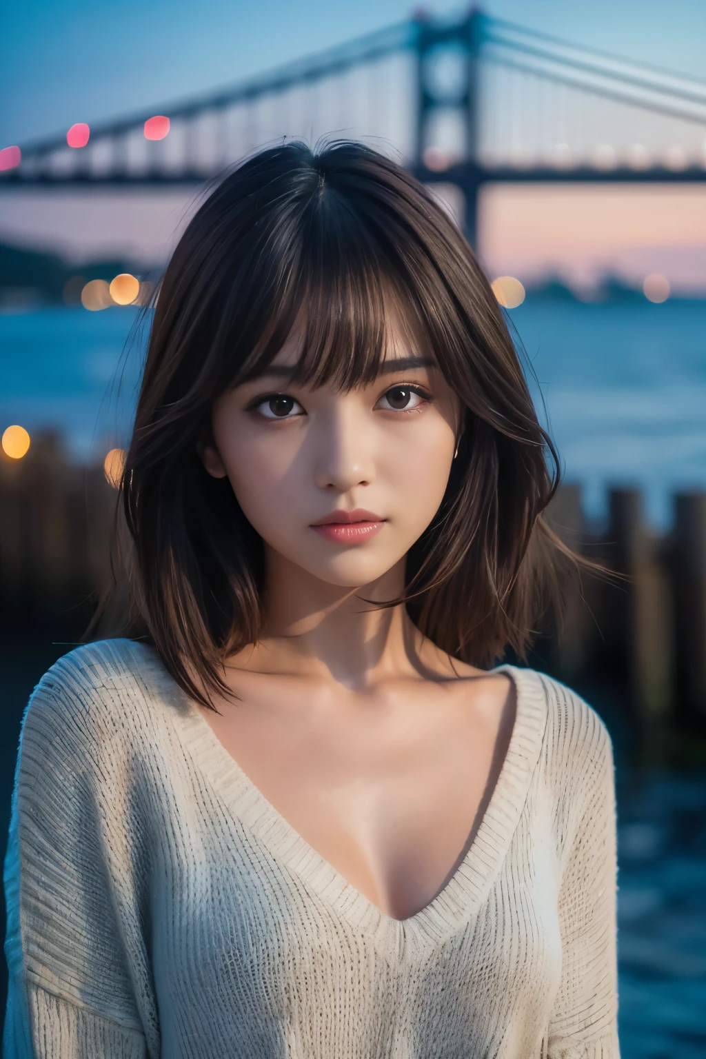 (fine skin:1.2),(shiny skin:1.1),8K,highest quality, masterpiece, ultra high resolution,(realistic:1.4), Raw photo,(Soft saturation:1.3),(Fair skin:1.2),1 female,Improve,compensate,(lipstick:1.1),(eyeliner:1.2), brown eyes, looking at the viewer, 19 years old, detailed face, perfect female body, medium hair, messy hair, asymmetrical bangs, light brown hair, highly detailed face, (Depth of the bounds written), (V-neck sweater), bridge, building, city, city lights, colorful, night,  Ocean, outdoor, scenery, null, wood, water, bridge, island, 
masterpiece, highest quality, moody lighting, blue hour, japanese idol, 