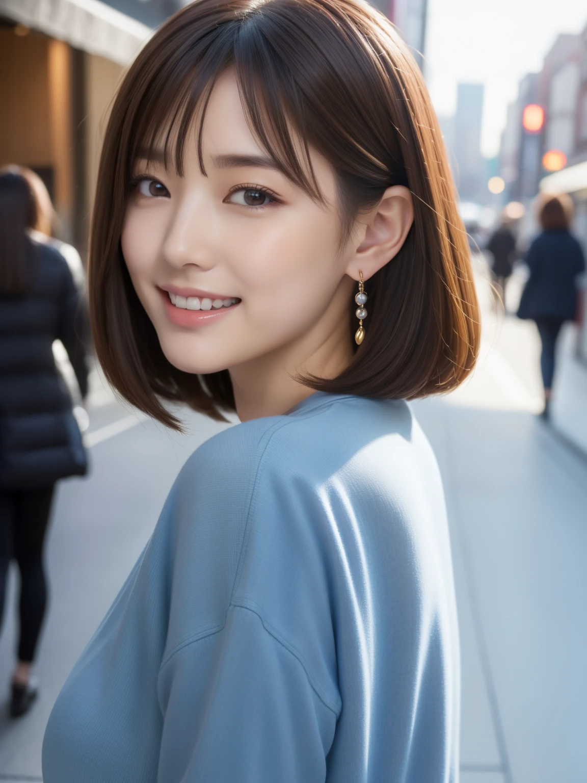 (8K、Raw photo、highest quality、Masseter muscle part:1.2)、Super detailed、super resolution、(realistic、realistic pictures:1.37)、portrait、High-definition RAW color photo、professional photography、hvery detailed and beautiful、very detailed、8K wallpaper、surprisingly detailed、huge file size、official art、very detailed CG Unity 8K wallpapers、very detailed beautiful girl、very detailed顔、very detailed目、very detailed肌、very thin fingers、very detailed nose、very detailed detailed mouth、perfect anatomy、hvery detailed back ground、Hvery detailed clothing、1 girl、(18:1.2)、teen、cute、famous japanese idol、cute、realistic body、、white skin、glowing skin、because I'thin、handsome body、brown haired、bob cut、laughter、cute、Zola々right、cute faces、lifelike face、delicate eyes、ordering sauce、light blue long sleeve shirt、earrings、looking at camera、cowboy shot、positive、contrapo, draw the background accurately、high street, public, dynamic lighting,