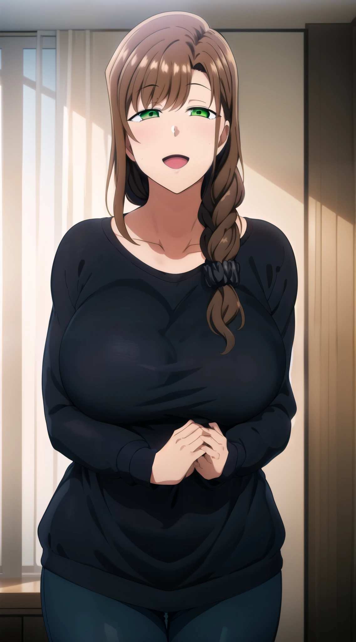 master piece, master piece, 1girl, hands together, long hair, looking at viewer, smile, HALF CLOSED EYES, open mouth, large breasts, brown hair, black shirt, long sleeve, loose shirt, hair ornament, green eyes, collarbone, braid, blue pants, (((black SWEATER))), single braid, scrunchie, hair over shoulder, hair scrunchie, mature female, wide hips,,
