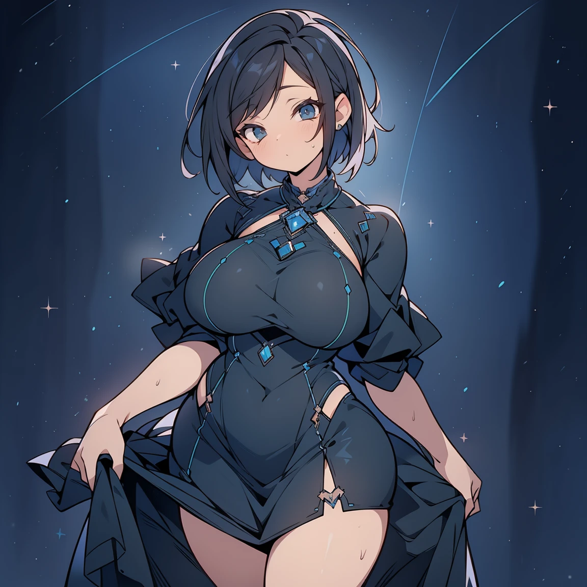 (best quality,ultra-detailed,realistic:1.37),sexy,perfect sensual body (large breast) [voluptuous],nice butt,girl,short black hair,mid-length dress,bright blue eyes,night sky background