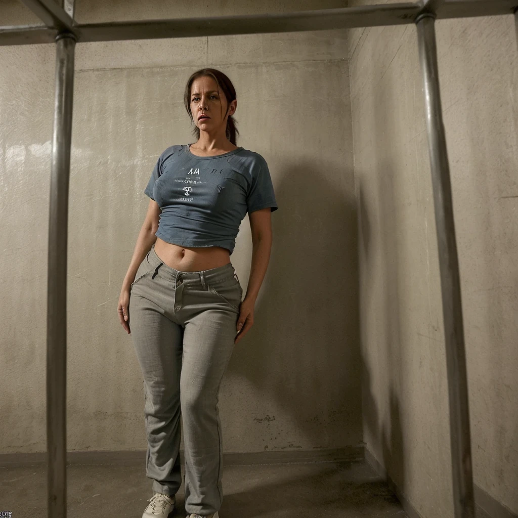 Jennifer garner - Closeup view of an outdoor skinny but extremely athletic and pale emo female prisoner wearing orange prison shirt with poorly and unevenly cut sleeves. She is tied down to the restraint chair in prison, one arm Handcuffs tightly chained. She is in a situation where she is sits to a prison chair. She is also wearing very loose, flappy, orange prison pants, in the background prison grids, legs are defendly closed, brown hairs, looking in the camera