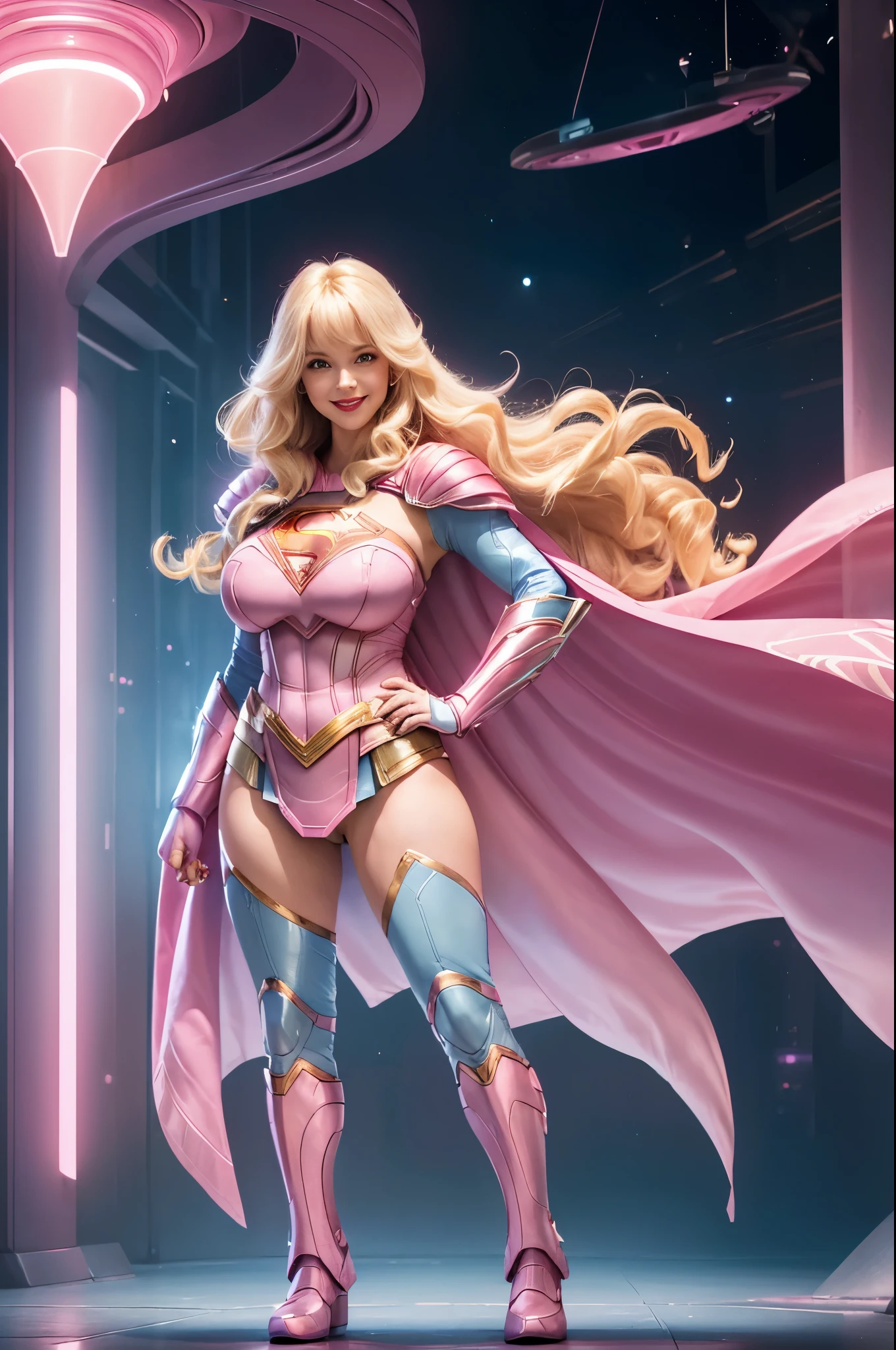 Supergirl, 27 years old, full body shot, Beautiful woman long curly blonde hair with bangs, blonde hair, blonde hair, defined body, (large_breast:1.4) Red lipstick, smiling slightly, hands free, standing facing camera, (( pink flowing cape, light blue and pink full body futuristic armor of Supergirl)), in a spaceport, (curvy:1.1)