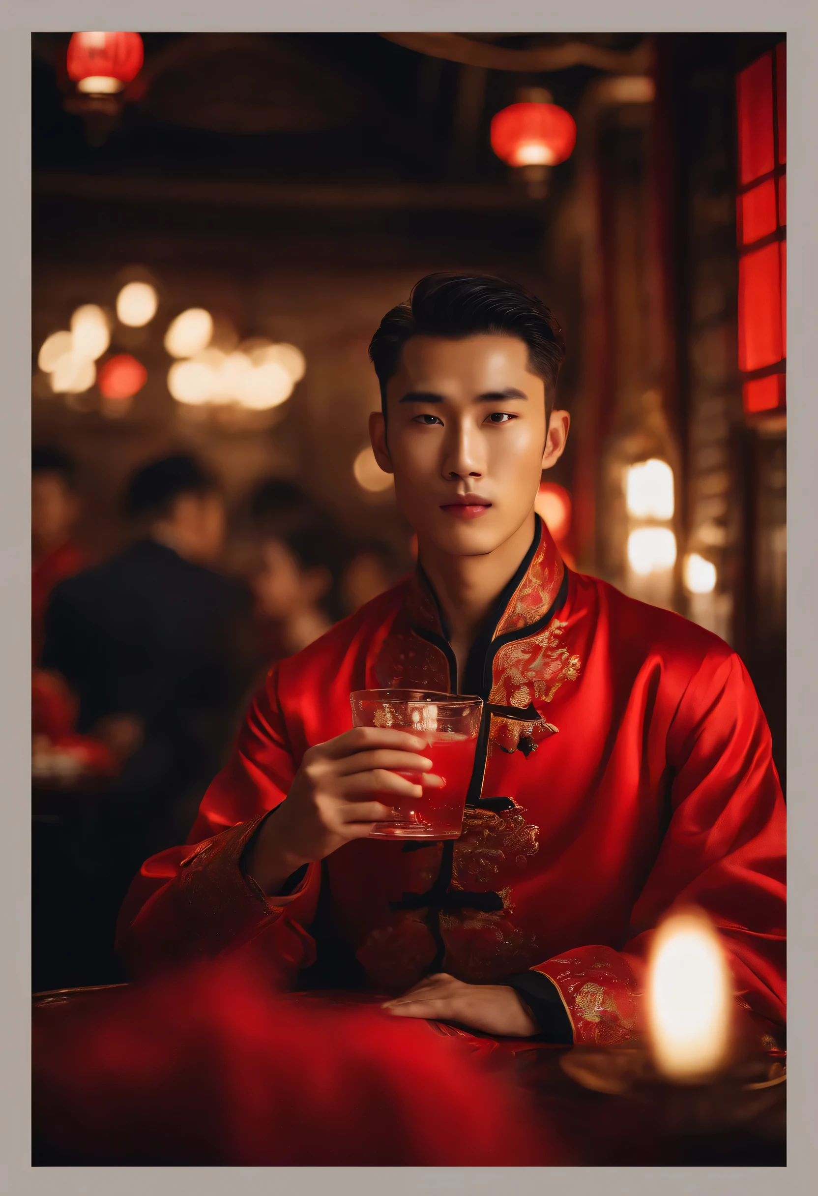 Young Men, UHD, best quality, ultra detailed, Big Picture, red Chinese Style Costume, Man, Good Quality, Drinking in a restaurant, look at camera,