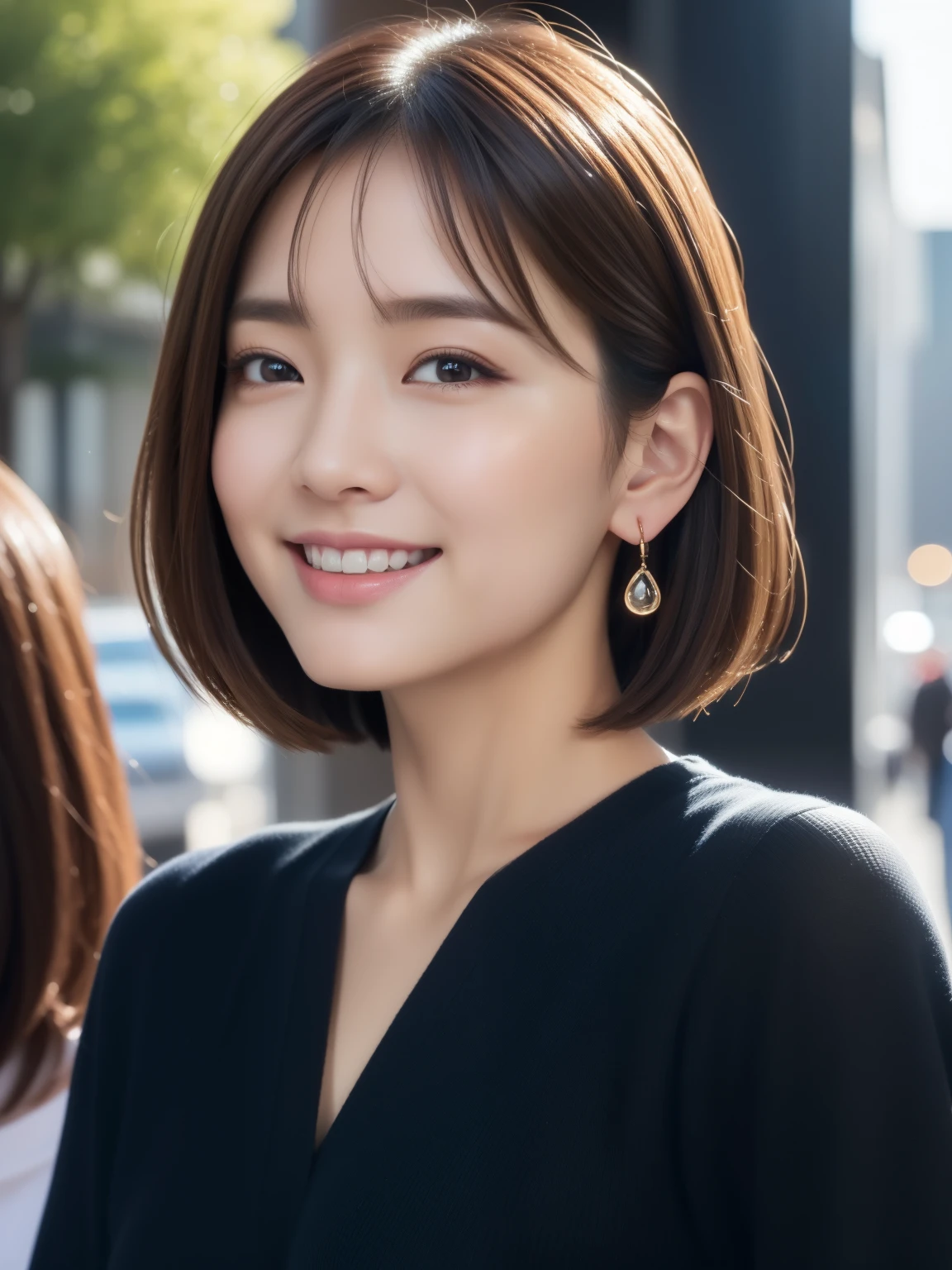 (8K、Raw photo、highest quality、Masseter muscle part:1.2)、Super detailed、super resolution、(realistic、realistic pictures:1.37)、portrait、High-definition RAW color photo、professional photography、hvery detailed and beautiful、very detailed、8K wallpaper、surprisingly detailed、huge file size、official art、very detailed CG Unity 8K wallpapers、very detailed beautiful girl、very detailed顔、very detailed目、very detailed肌、very thin fingers、very detailed nose、very detailed detailed mouth、perfect anatomy、hvery detailed back ground、Hvery detailed clothing、1 girl、(18:1.2)、teen、cute、famous japanese idol、cute、realistic body、、white skin、glowing skin、because I&#39;thin、handsome body、brown haired、bob cut、laughter、cute、Zola々right、cute faces、lifelike face、delicate eyes、ordering sauce、light blue long sleeve shirt、earrings、looking at camera、cowboy shot、positive、contrapo, draw the background accurately、high street, public, dynamic lighting,