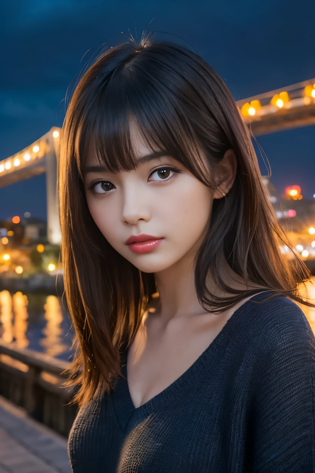 (fine skin:1.2),(shiny skin:1.1),8K,highest quality, masterpiece, ultra high resolution,(realistic:1.4), Raw photo,(Soft saturation:1.3),(Fair skin:1.2),1 female,Improve,compensate,(lipstick:1.1),(eyeliner:1.2), brown eyes, looking at the viewer, 19 years old, detailed face, perfect female body, medium hair, messy hair, asymmetrical bangs, light brown hair, highly detailed face, (Depth of the bounds written), (V-neck sweater), bridge, building, city, city lights, colorful, night,  Ocean, outdoor, scenery, null, wood, water, bridge, island, 
masterpiece, highest quality, moody lighting, blue hour, japanese idol, 
