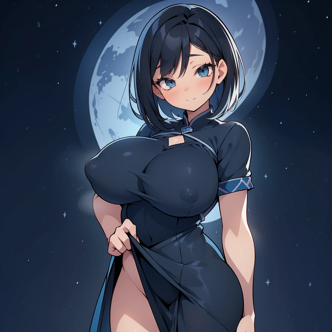 (best quality,ultra-detailed,realistic:1.37),sexy,perfect sensual body (large breast) [voluptuous],nice butt,girl,short black hair,mid-length dress,bright blue eyes,night sky background