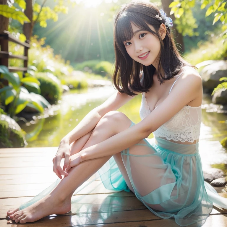  gentle smile, sophisticated gravure idol,  like々Beautiful Japanese women、Sheer pastel blue lace camisole、mini skirt、brook in the forest