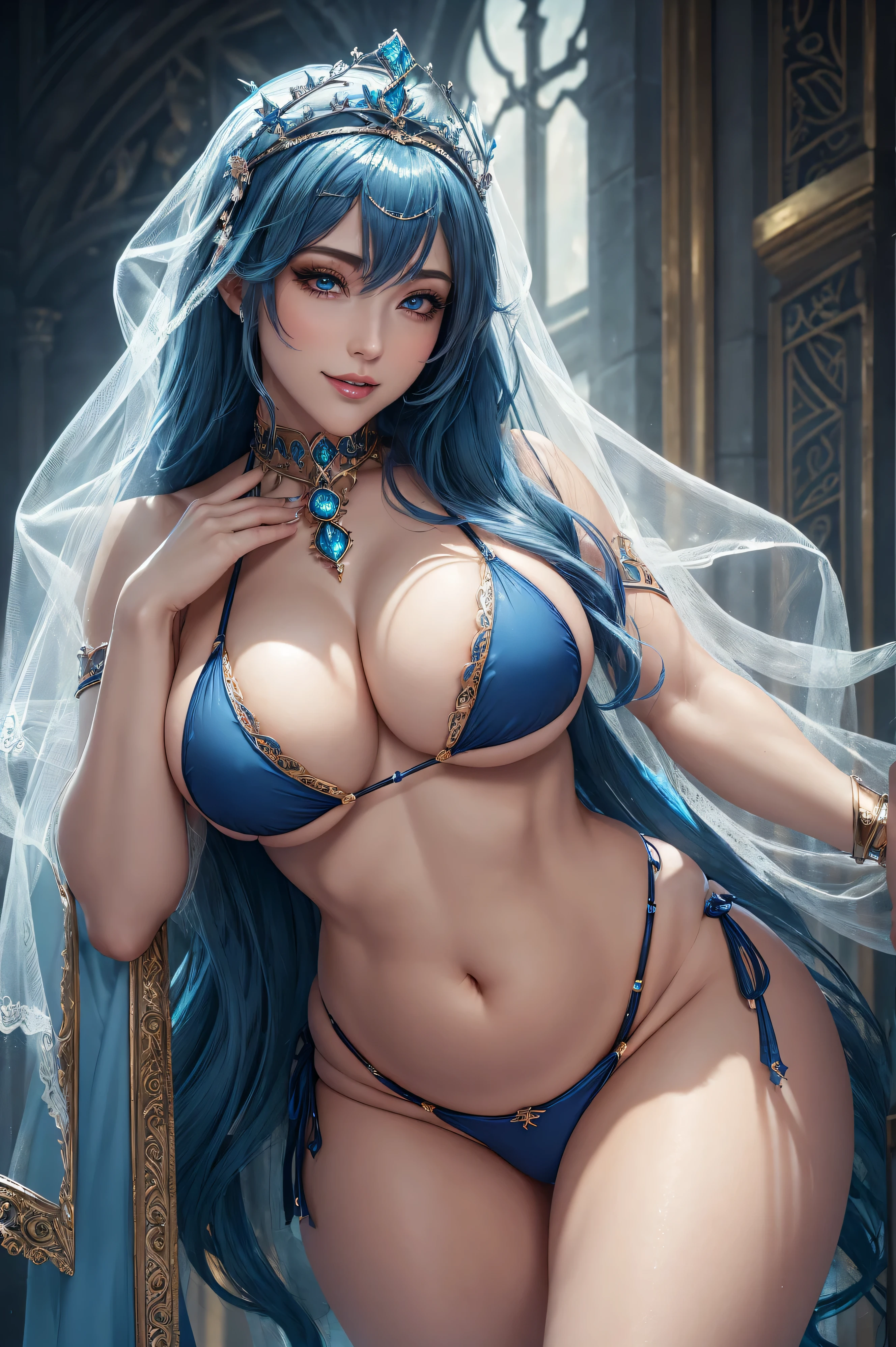 ((queen of ice in norse mythology)), ((sensual body, take up, thick, very beautiful woman, hourglass illustration, big breasts, huge , big ass)),((Dignified woman))(Shiny pure blue hair, medium short, wavy), (cute eyes, pale alabaster skin), ((camel toe)), (Detailed and thick), ((perfect woman image)), ((Huge breasts that are about to burst))、((Giga Breast:1.4))、((large flabby breasts)), Chubby, thick waist, soft belly. masterpiece, highest quality, ((realistic)), ((1 person)), 8K quality, very delicate and beautiful, Official art with attention to detail, (highly detailed hands), digital art, hyper details, top fade, fantasy. (beautiful and detailed eyes, beautiful detailed lips, highly detailed eyes and face, eyelash length), (sensual curves,on all fours,show cleavage,smile, sexy), (thigh gap, camel toe, pubic hair, vulva) Create a captivating visual representation of queen of ice in norse mythology with a take up, voluptuous physique that accentuates her hourglass illustration. Emphasizes plump breasts and bulges, prominent butt cheeks, maintain an attractive aura. she has a bewitching presence, Her body decorated with a unique blend of abstract and realistic designs. (looking at the viewer),((Wearing a luxurious pure blue competitive micro-bikini:1.5)),Wearing a thin veil and gorgeous tiara