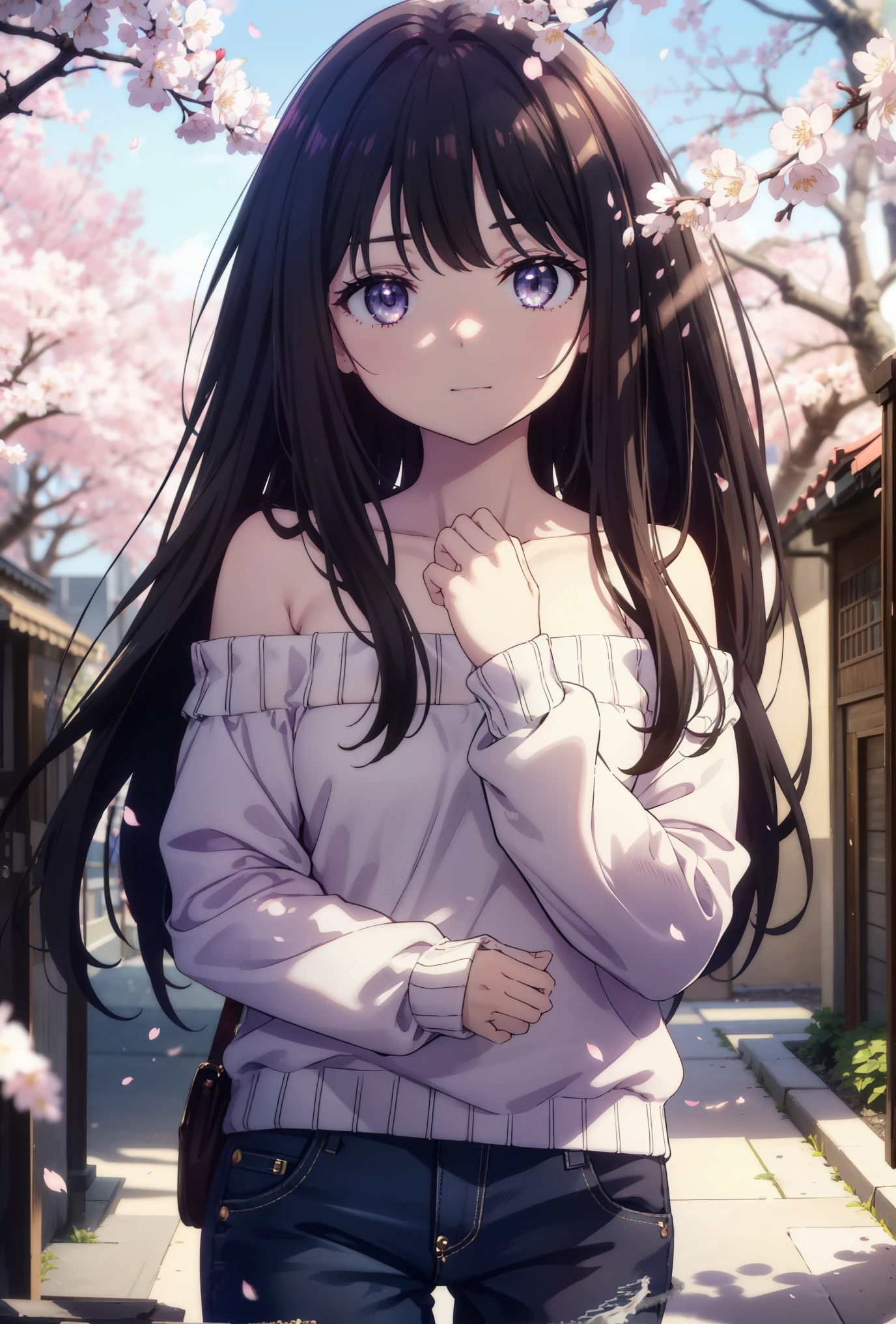 Takiuchi Kame, check it out, long hair, bangs, black hair, (purple eyes:1.2),blush,smile,open your mouth,off shoulder sweater,bare shoulders,bare clavicle,naked neck,skinny denim pants,stiletto heels,cherry blossoms are blooming,Cherry blossoms are scattered,Cherry blossom tree-lined path,whole bodyがイラストに入るように,
break outdoors, residential street,
break looking at viewer,whole body, (cowboy shot:1.1),
break (masterpiece:1.2), highest quality, High resolution, unity 8k wallpaper, (figure:0.8), (detailed and beautiful eyes:1.6), highly detailed face, perfect lighting, Very detailed CG, (perfect hands, perfect anatomy),