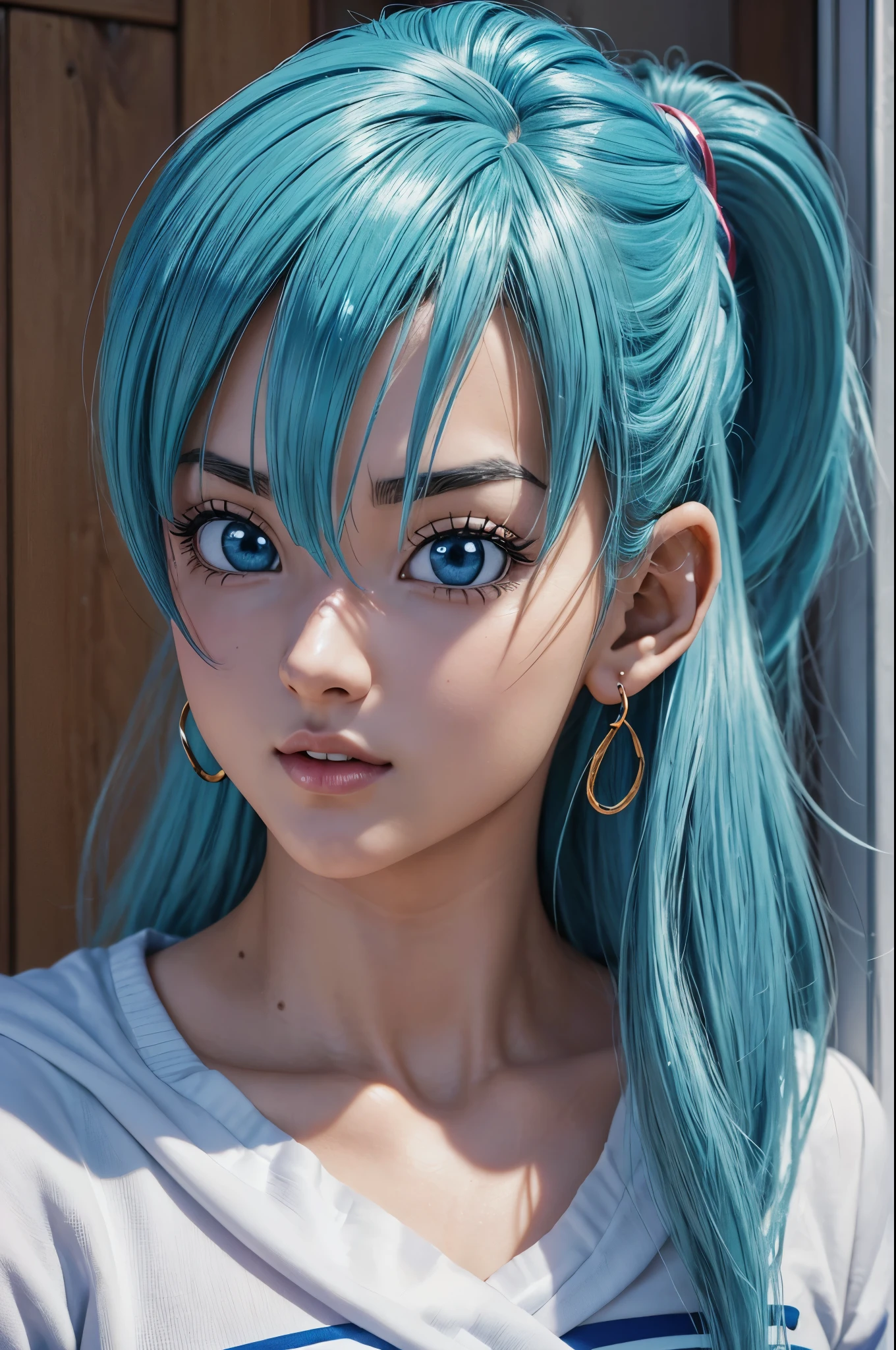 (( muy hermosa)), (( sensual)) ,(( cabello corto)),  (( cabello azul )), solo rostro(( rostro detallado),  ((retrato)), un primer plano de una mujer con cabello verde y una camisa amarilla, retrato, caballeros del zodiaco, , Bulma de Dragon Ball, estilo anime realista 3d, primer plano del retrato del personaje, germen de arte. alto detalle, anime estilo 3d, chica saiyajin, retrato de personaje de primer plano, primer plano de una joven chica anime, personaje de cerca, primer plano del arte del personaje (( 26 years old))