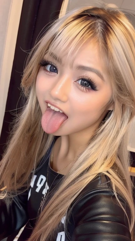 Japanese woman, beautiful girl, gal, blonde, baby face, highest quality realistic skin, eyes in focus, 20 years old, sticking out tongue, focus on mouth, open mouth, long tongue, saliva, open mouth wide, inside of mouth visible, open mouth and sticking out tongue 