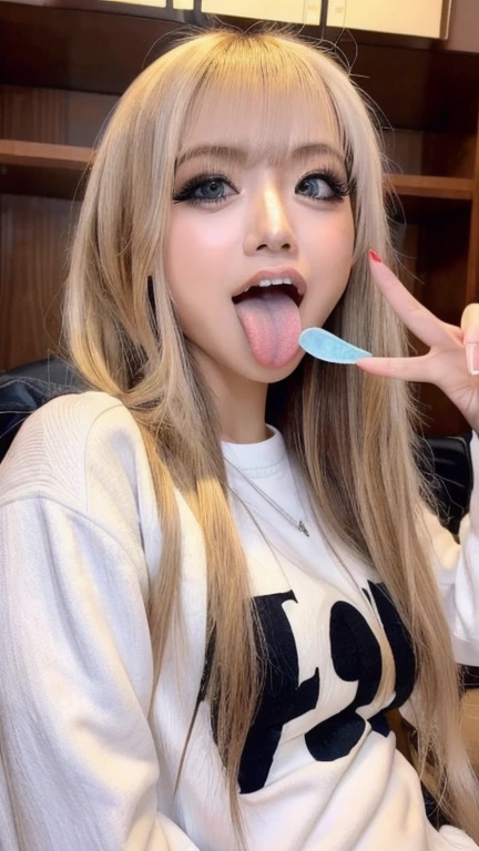 Japanese woman, beautiful girl, gal, blonde, baby face, highest quality realistic skin, eyes in focus, 20 years old, sticking out tongue, focus on mouth, open mouth, long tongue, saliva, open mouth wide, inside of mouth visible, open mouth and sticking out tongue 