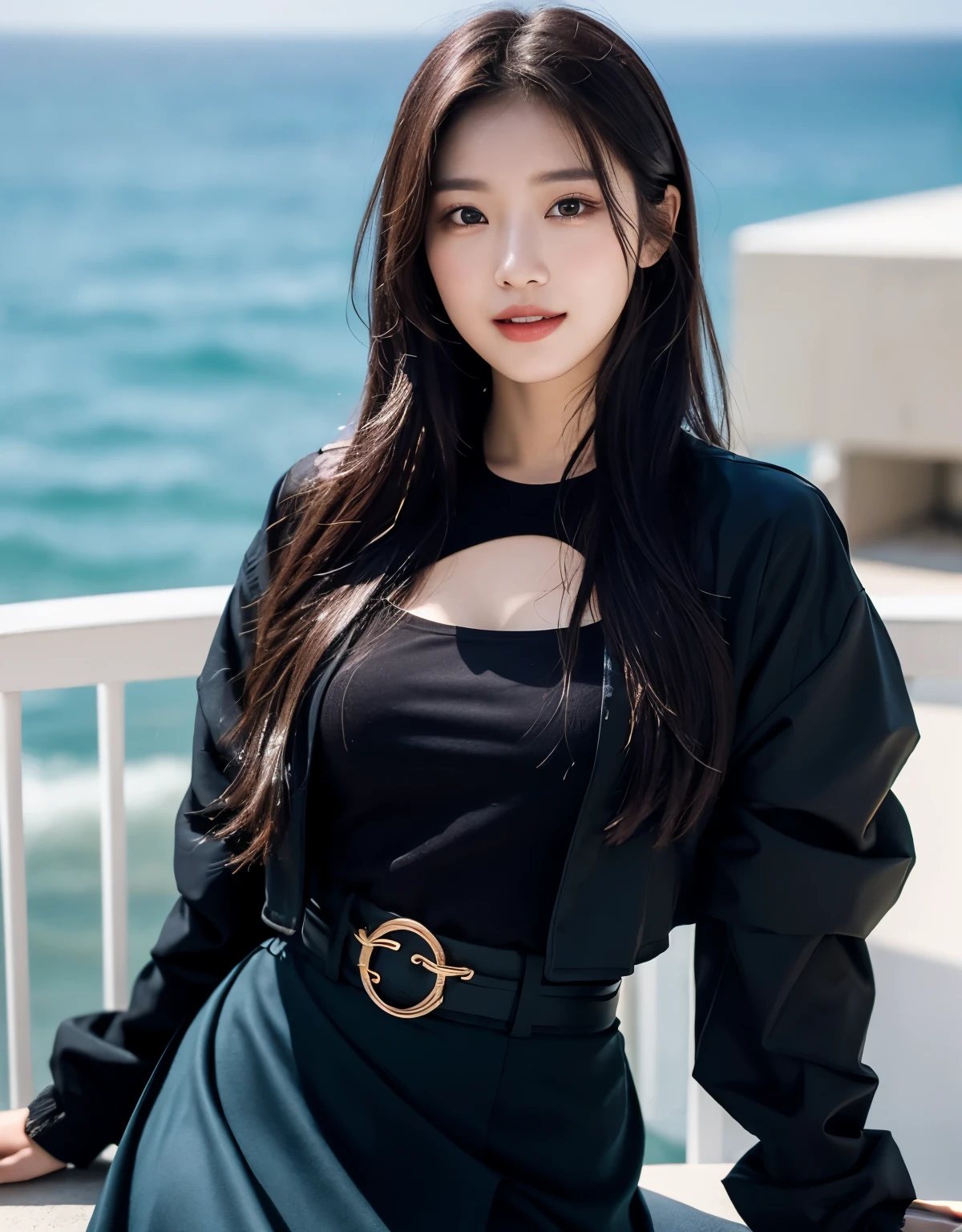 (RAW photograph:1.2),The highest quality, super high-RES, slim waist, Lovely smile, highly detailed faces, Detailed lips, finely detailed eyes, Double eyelidd, Long black hair, Black-haired god, Top-notch terrace, next to the reflecting ocean, cinematic shots,expansive cinematic view, Bright and cheerful atmosphere, Lovely eyes, (dress_shirt, cropped_jacket, wrap_skirt)