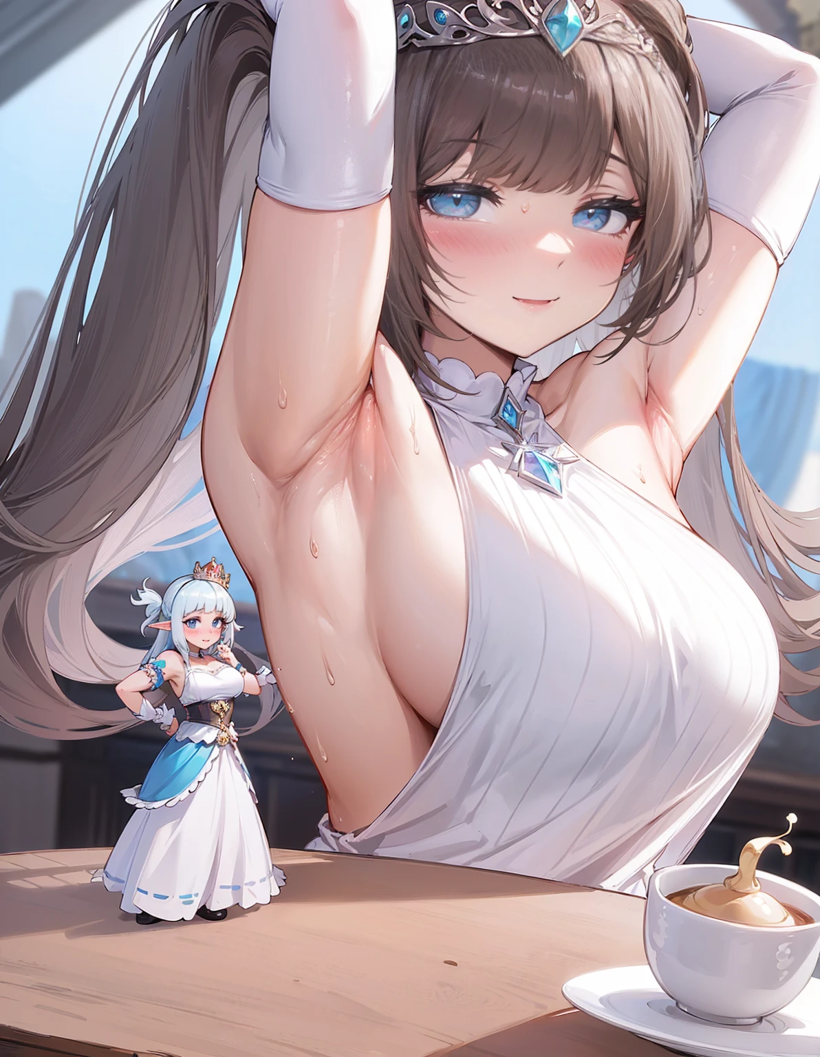 sweaty armpit, (princess: 1.1), (elfgirl), (a miniature woman on a table in front of a giantess face and breasts), (miniature woman next to a giantess armpit: 1.1), very tall, (looking down at them: 1.3), (gigantic breasts: 1.2),, long bangs, long hair, (table in front of her breasts: 1.1)