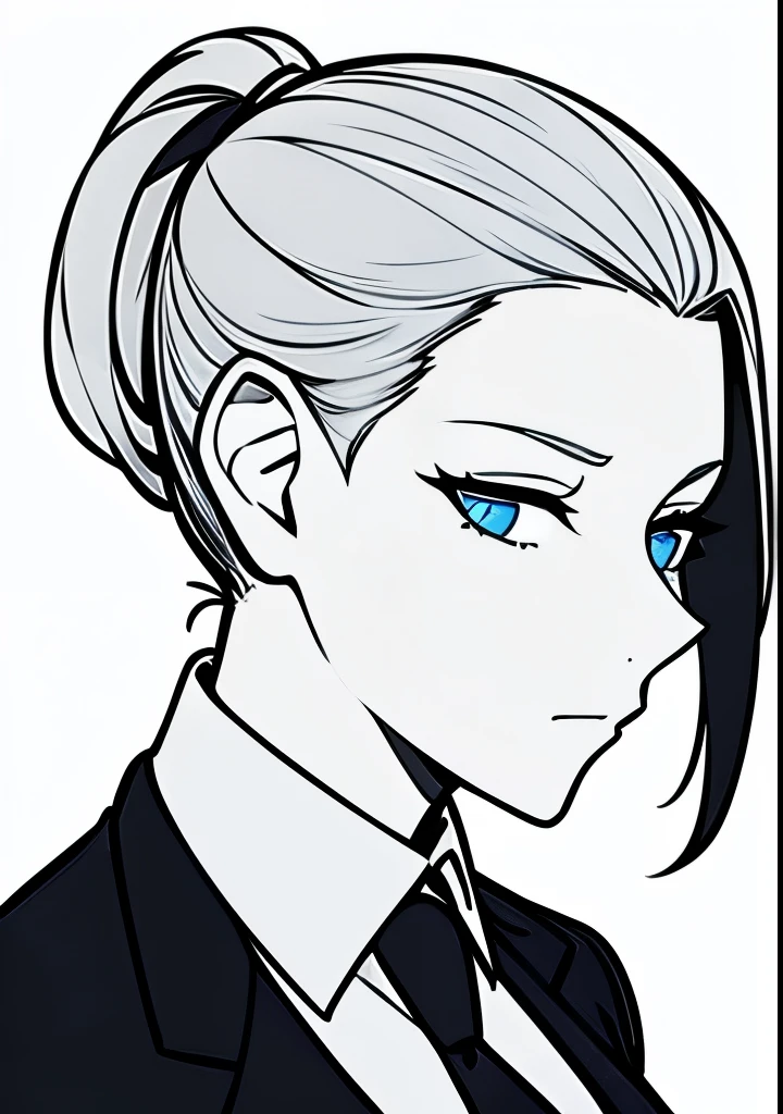 One Young Adult female, pale blonde slicked back into a short ponytail with a single bang on the left hand side, steel blue eyes, light and carefree expression, wearing black suit jacket and tie, portrait style, facing forwards