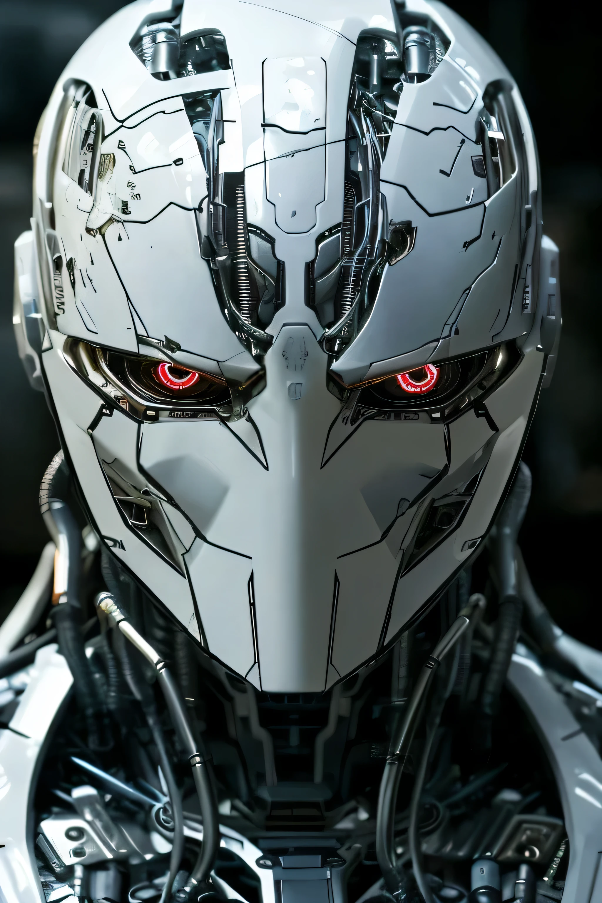 A closeup of a robot with red eyes and a white helmet, close-up retrato de ciborgue, still from the film of a cyborg villain, still de filme de um ciborgue legal, retrato ciborgue, retrato detalhado de um ciborgue, portrait of a futuristic robot, olhos ciborgues, attractive science fiction face, detailed face of an android, retrato de ciborgue