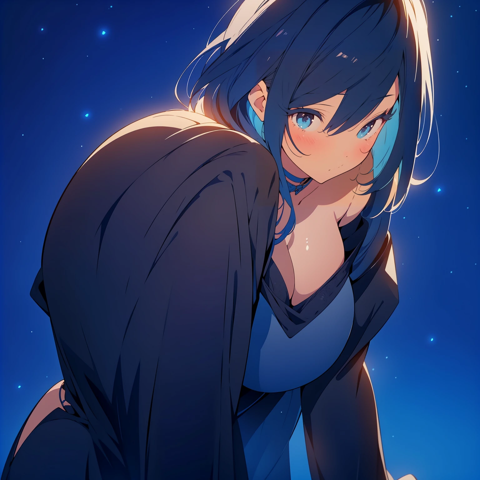 (best quality,ultra-detailed,realistic:1.37),sexy,perfect sensual body (large breast) [voluptuous],nice butt,girl,short black hair,mid-length dress,bright blue eyes,night sky background