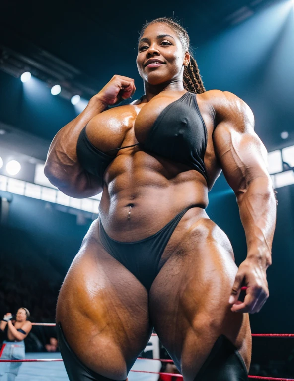 Wrestlemania. Viewed from above, 1.2 Queen latifah, A heavily muscled iffb pro female bodybuilder, (Raw photography:1.5)、(hight resolution:1.5)、(Raw photography:1.5),(Photorealsitic:1.38)、(sharp focus:1.5) 、18 only、One girl, ((long legged:1.4)),((Sculpted muscular thick thighs:1.65)),((large full breasts:1.2))、(( super powerful thick quadriceps))
(
((Standing up with a shrug:1.2))、
((In a WWE wrestling ring))、
looking at the viewers、Facing the audience,The dim、