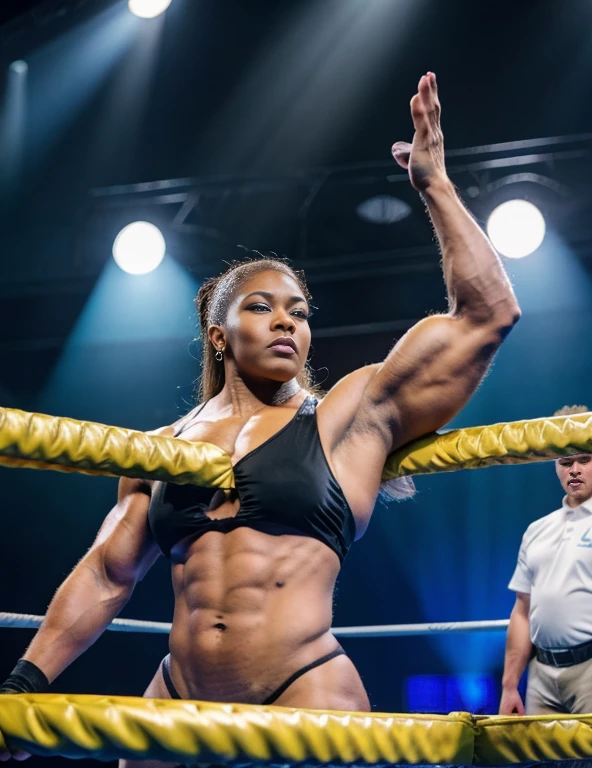 Wrestlemania.  Viewed from above, 1.2   Queen latifah, A heavily muscled iffb pro female bodybuilder,  (Raw photography:1.5)、(hight resolution:1.5)、(Raw photography:1.5),(Photorealsitic:1.38)、(sharp focus:1.5) 、18 only、One girl, 


((Standing up with a shrug:1.2))、
((In a WWE wrestling ring))、
looking at the viewers、Facing the audience,The dim、