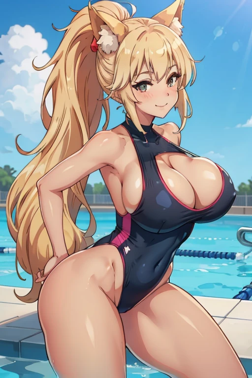 amy, ponytail, bangs, long hair, fox ears, fox tail, thick thighs, breasts, 1girl, wide hips, large breasts, blonde hair, smile, ponytail, tan, one-piece swimsuit, black one-piece swimsuit, competition swimsuit, blue trim, pool, poolside, happy