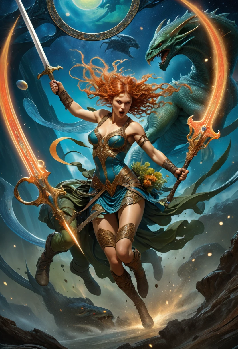 best quality,4k,8k,highres,masterpiece:1.2,ultra-detailed,realistic:1.37,HDR,UHD,studio lighting,ultra-fine painting,sharp focus,physically-based rendering,extreme detail description,professional,art nouveau,tarot card style, dynamic angle, action shot,(dynamic pose), raging facial expression, alien female,(creatures from outer space), cyborg style,((An alien female barbarian is crossing an extraplanar alien battlefield while swinging a two-handed greatsword:1.37)), (Enraged, she swings her greatsword cutting a shadow beast in half:1),fractalized, android,(wearing a cyborg exoskeleton),alien flora,(spectacular alien background with bioluminescent flora),vivid colors,earthen and olive hues,Yoshitaka Amano style,trending on cgsociety,landscape,horror,(sci-fi),concept artists,bright and vibrant colors,dreamy lighting